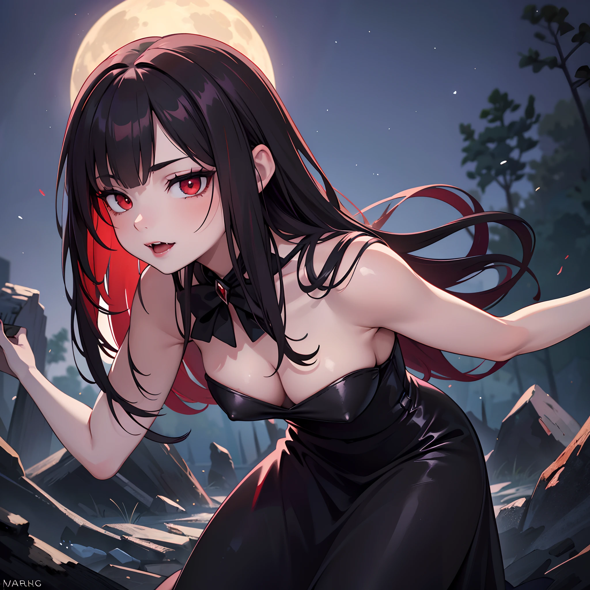 (best quality,4k,8k,highres,masterpiece:1.2),ultra-detailed,(realistic,photorealistic,photo-realistic:1.37),cute,sexy,female,vampire,red eyes,sharp fangs,mesmerizing gaze,pale skin,long dark hair,blood-red lips,elegant posture,mysterious atmosphere,gothic background,dramatic lighting,seductive pose,flowing black dress,nighttime setting,moonlit sky,fangs glinting in the moonlight,enchanted forest,ethereal beauty
