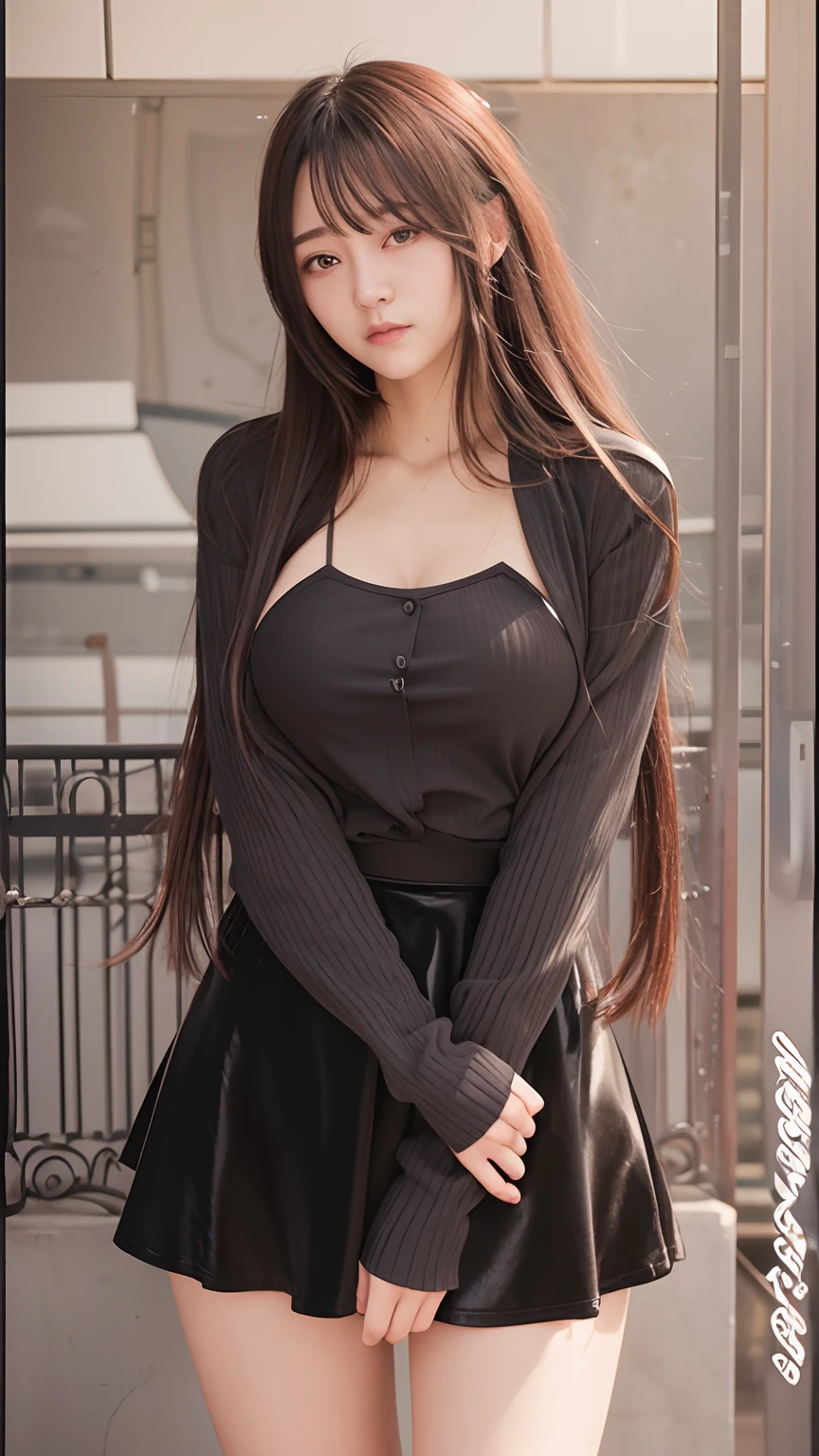 1girl, black jacket, black shirt, black skirt, long hair, red velvet hair, realistic, ultra detail, 70mm lens,