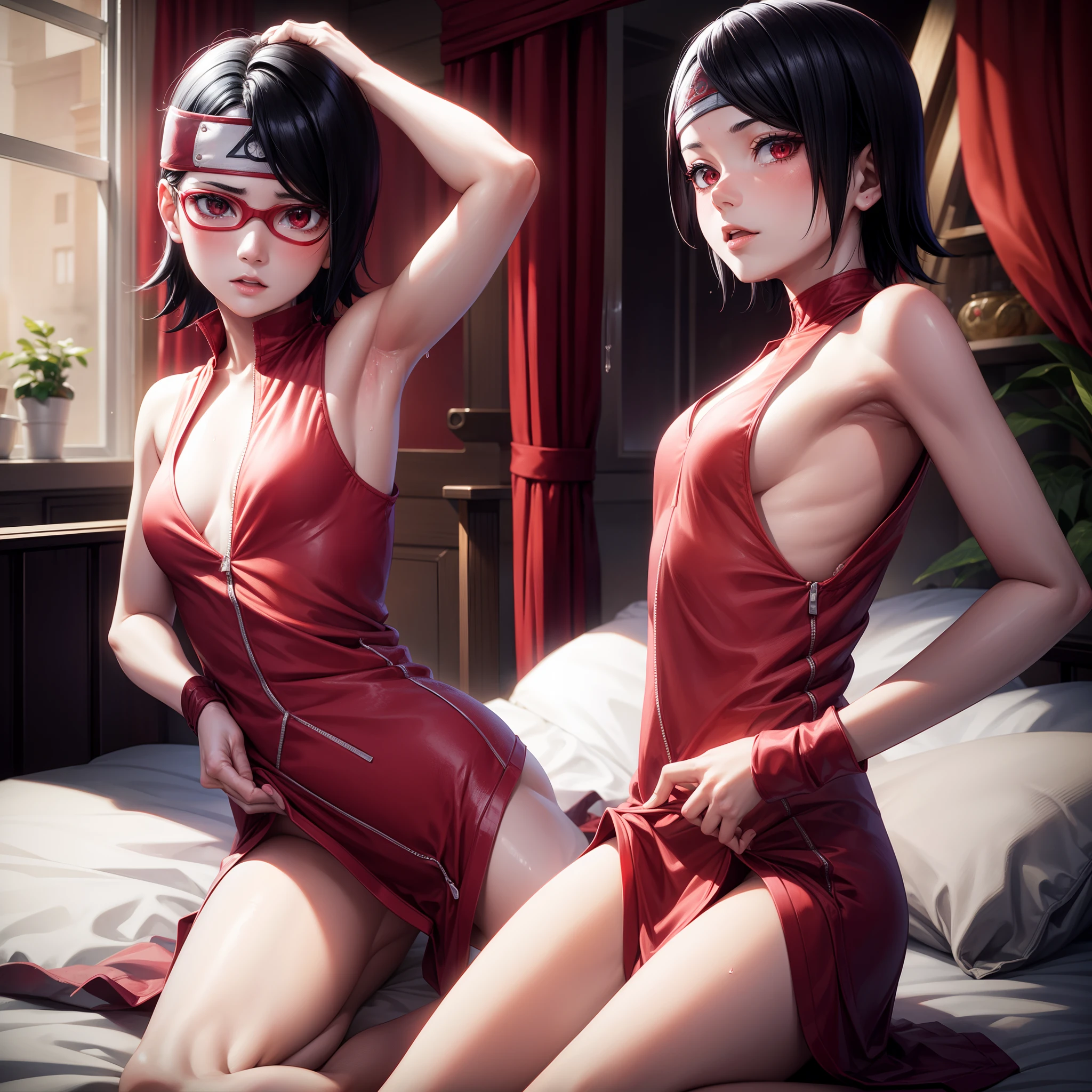 Naked, wet , , wearing red clothes, black hair, short hair, showing armpits, showing , cute face, sharingan eyes, sarada_uchiha, in bedroom, on the bed
