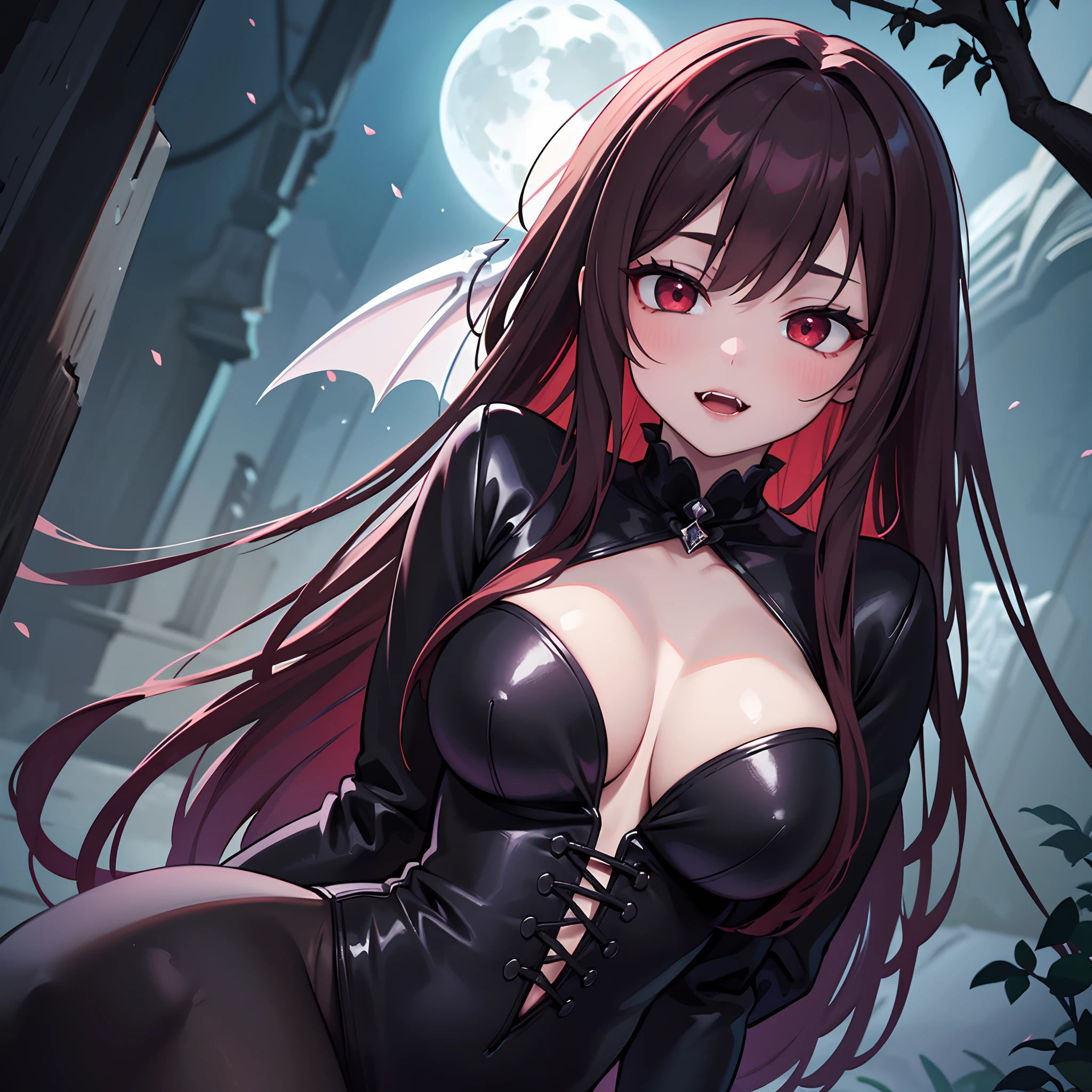 (best quality,4k,8k,highres,masterpiece:1.2),ultra-detailed,(realistic,photorealistic,photo-realistic:1.37),cute,sexy,female,vampire,red eyes,sharp fangs,mesmerizing gaze,pale skin,long dark hair,blood-red lips,elegant posture,mysterious atmosphere,gothic background,dramatic lighting,seductive pose,flowing black dress,nighttime setting,moonlit sky,fangs glinting in the moonlight,enchanted forest,ethereal beauty