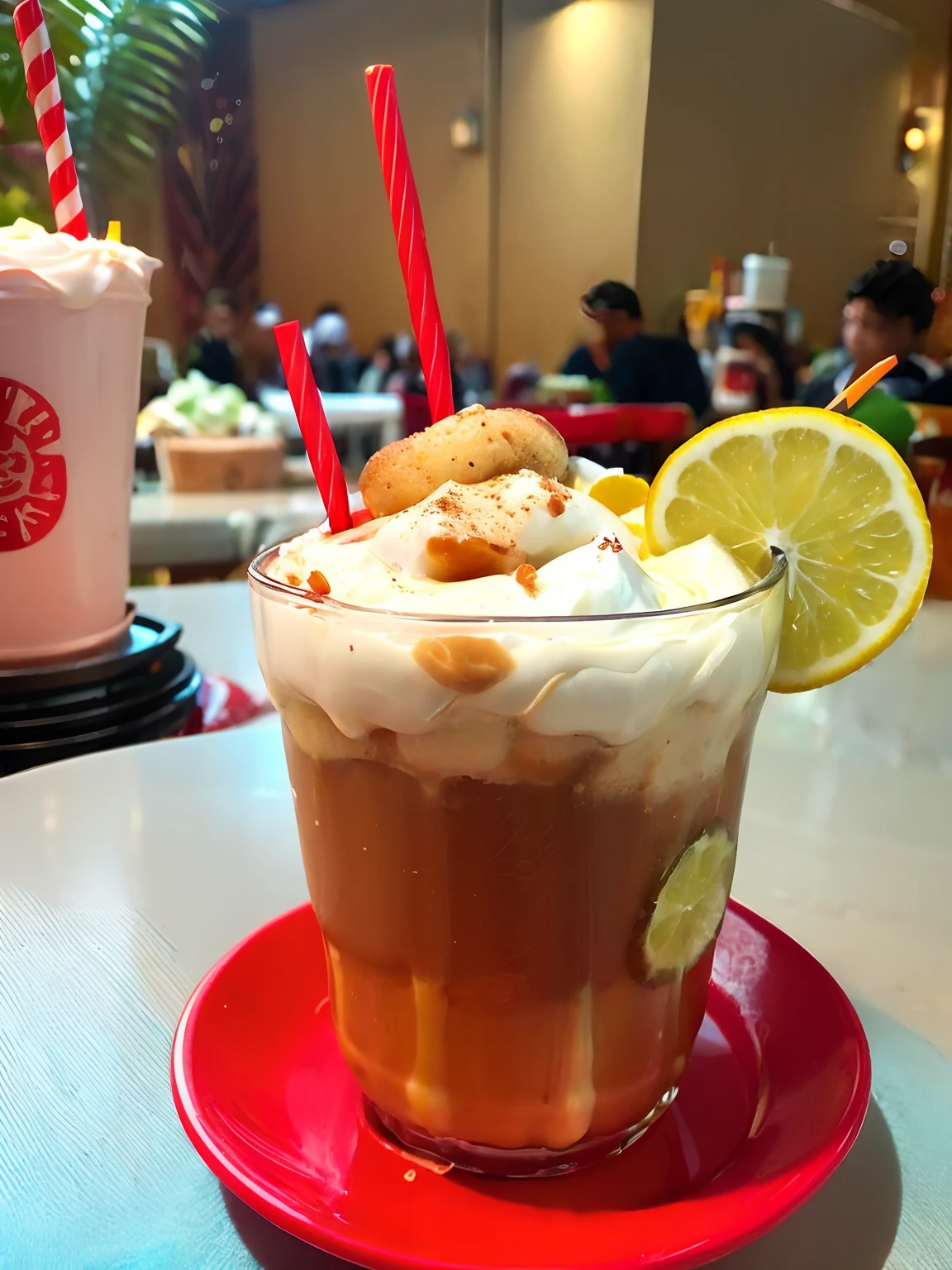 there is a drink with a straw and a spoon on a red plate, ice coffee, colored milk tea, milkshake, iced latte, drink, ๐ฟ๐ธ๐, ๐ธ๐, soey milk, caramel, slush!!, it's very huge, cold drinks, mouldy juice, โค๐ฅ๐๐ช, slush)), pudenda