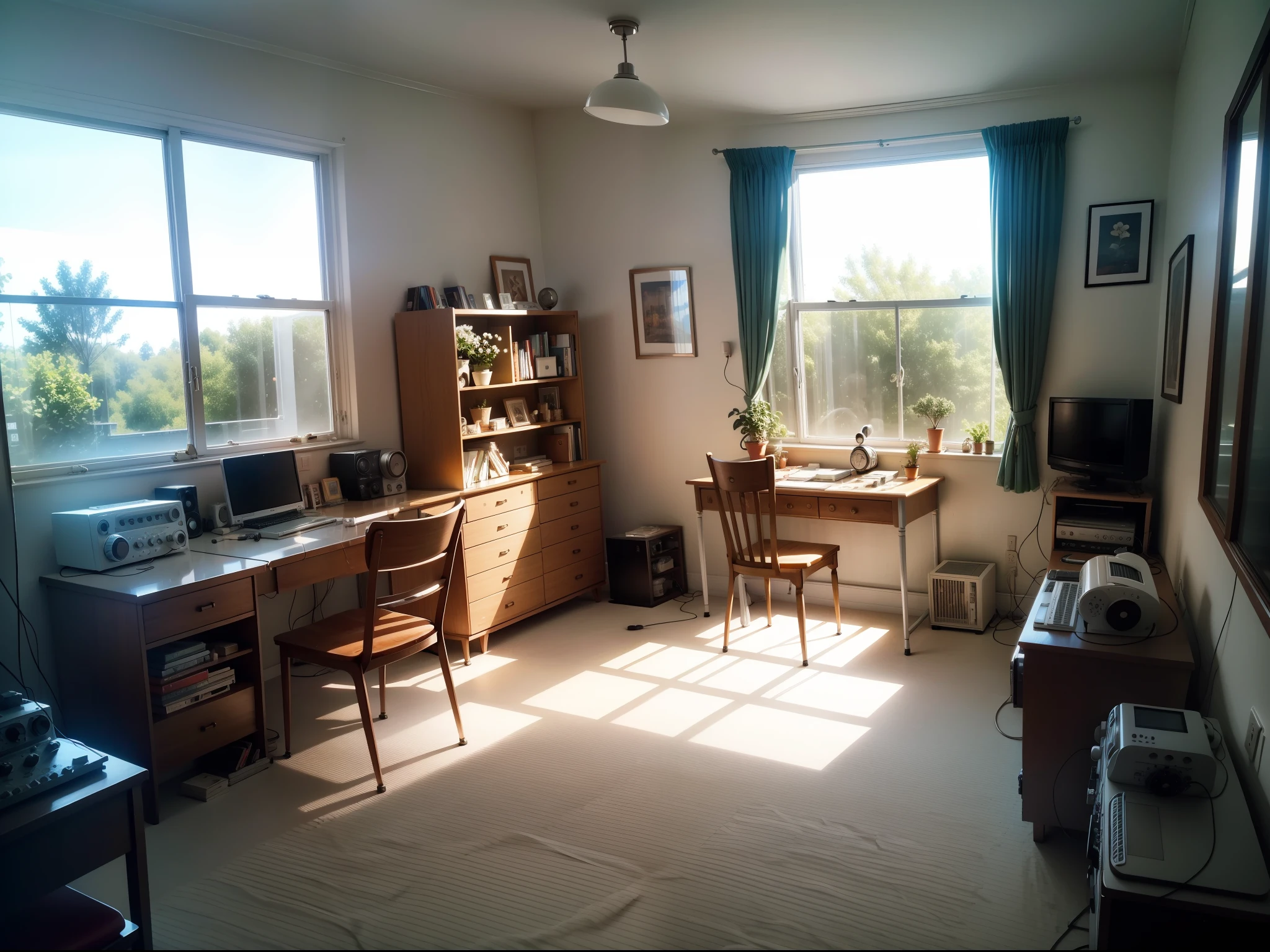 Room, A lot of tape recorder, Glass windows, sunshine, Retro, Beautiful room, high detail, tmasterpiece,