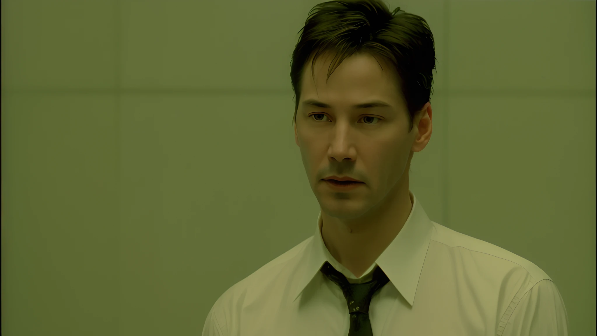 Keanu Reeves in a white shirt and tie looking at the camera, matrix movie color grading, from matrix ( 1 9 9 9 ), from matrix(1999), neo from matrix, still from the matrix (1999), neo from the matrix, matrix lut, matrix film color, wires from the matrix movie, still from the matrix