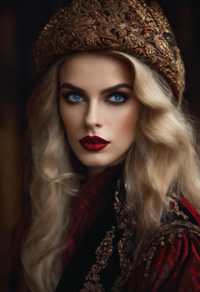 Big eyes, long hair, eyes, cold eyes, red lips, high nose, proud black silk, coat