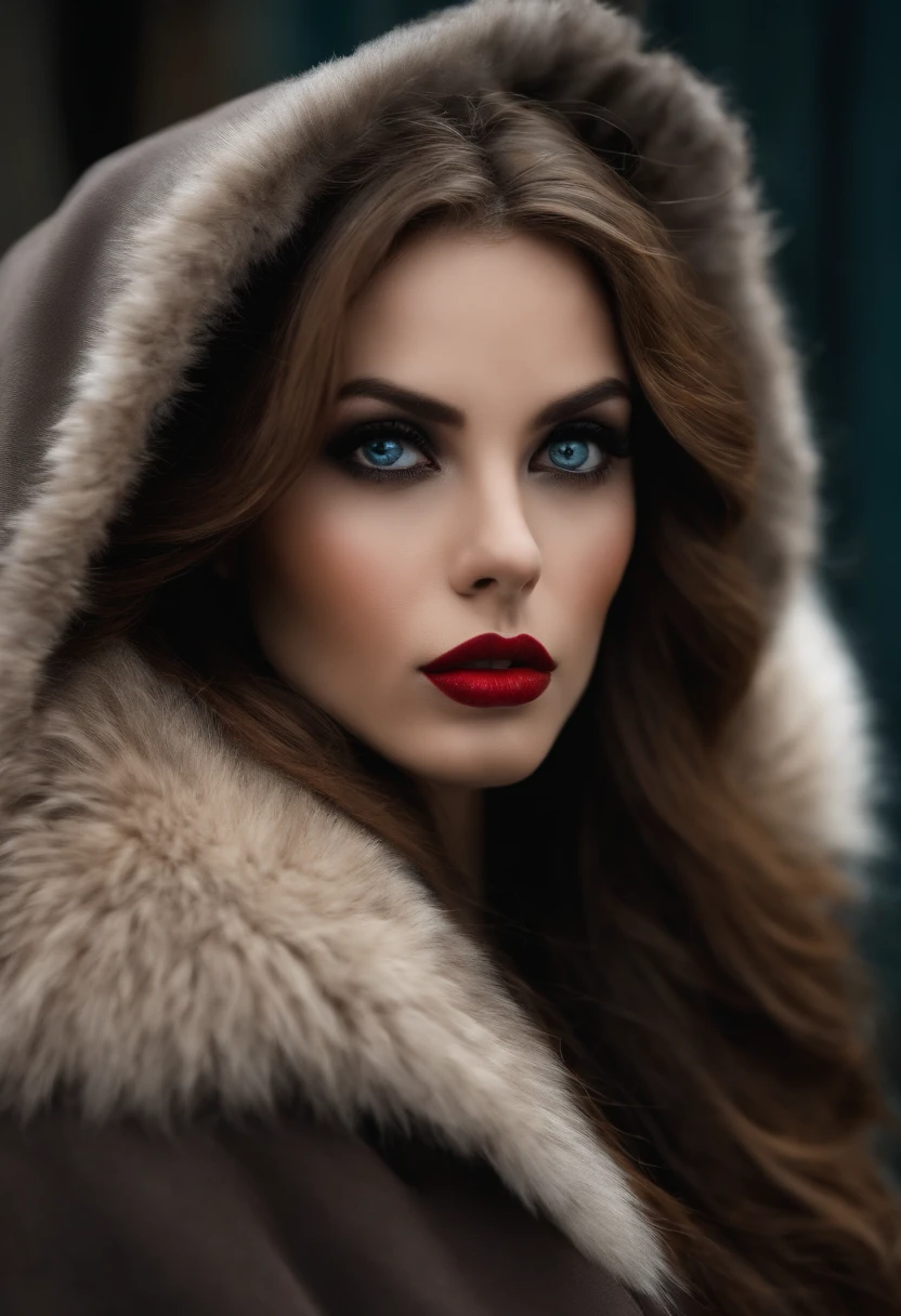 Big eyes, long hair, eyes, cold eyes, red lips, high nose, proud black silk, coat