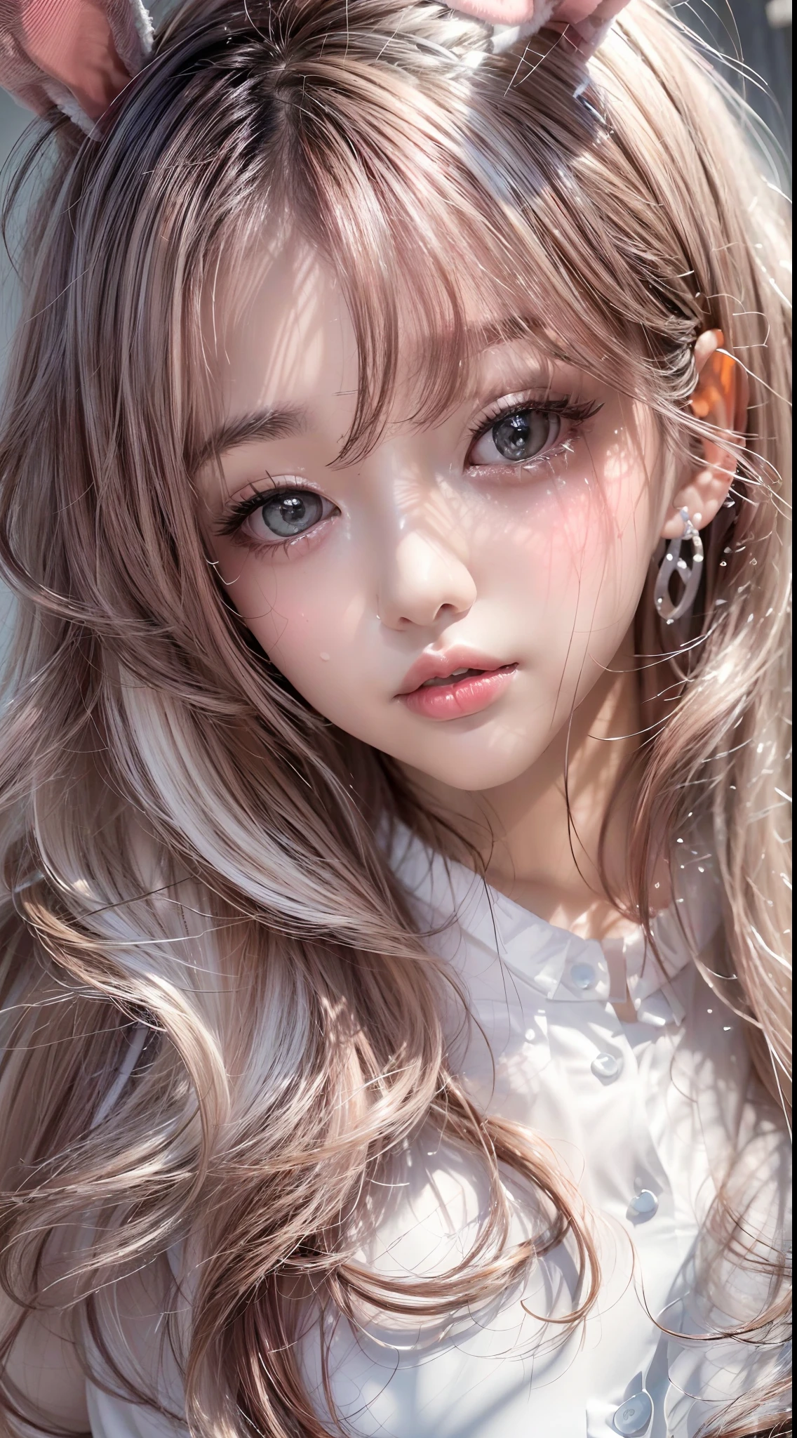 (Best quality,16k wallpaper,high resolution:1.2),Red to silver hair, wavy and long hair, Shiny hair color, Perfectly detailed face, full pouty lips, watery big eyes, Vertical pupils, reflective light, Woman with rabbit ears, Black and white shirt, Lazily lying in a solid wooden box, Soft lighting, full body shot of