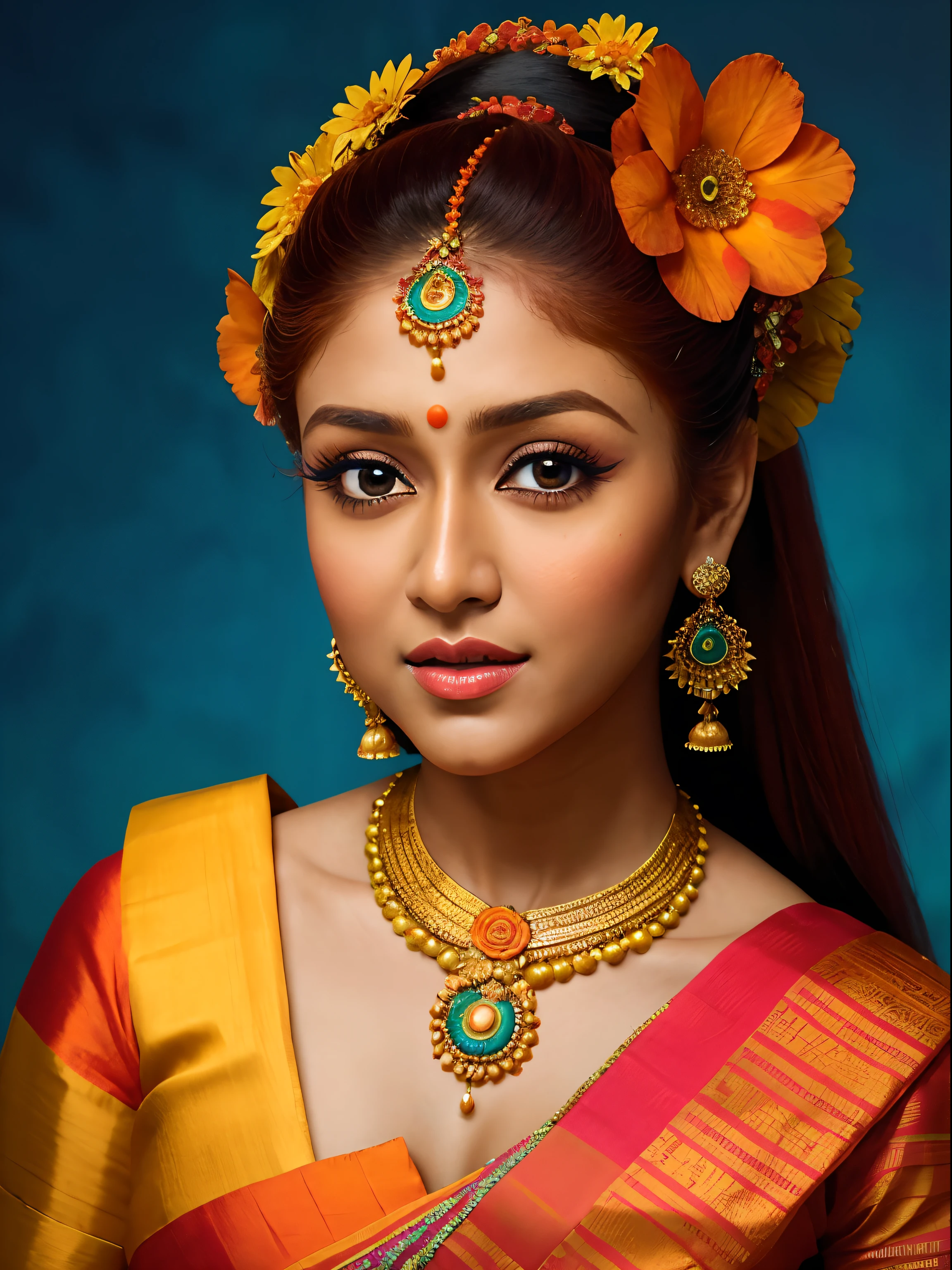 Looks like Nayanthara, a close up of a woman in a colorful dress with a flower in her hair, extremely gorgeous woman, matchless beauty, queen, very beautiful enga style, with colourful intricate, candid shot, traditional beauty, candid picture, orange details, wearing intricate, candid portrait photo, with kerala motifs, wearing an elegant tribal outfit, orange and turquoise, orange and teal color, * colour splash *, traditional, stunning visual,