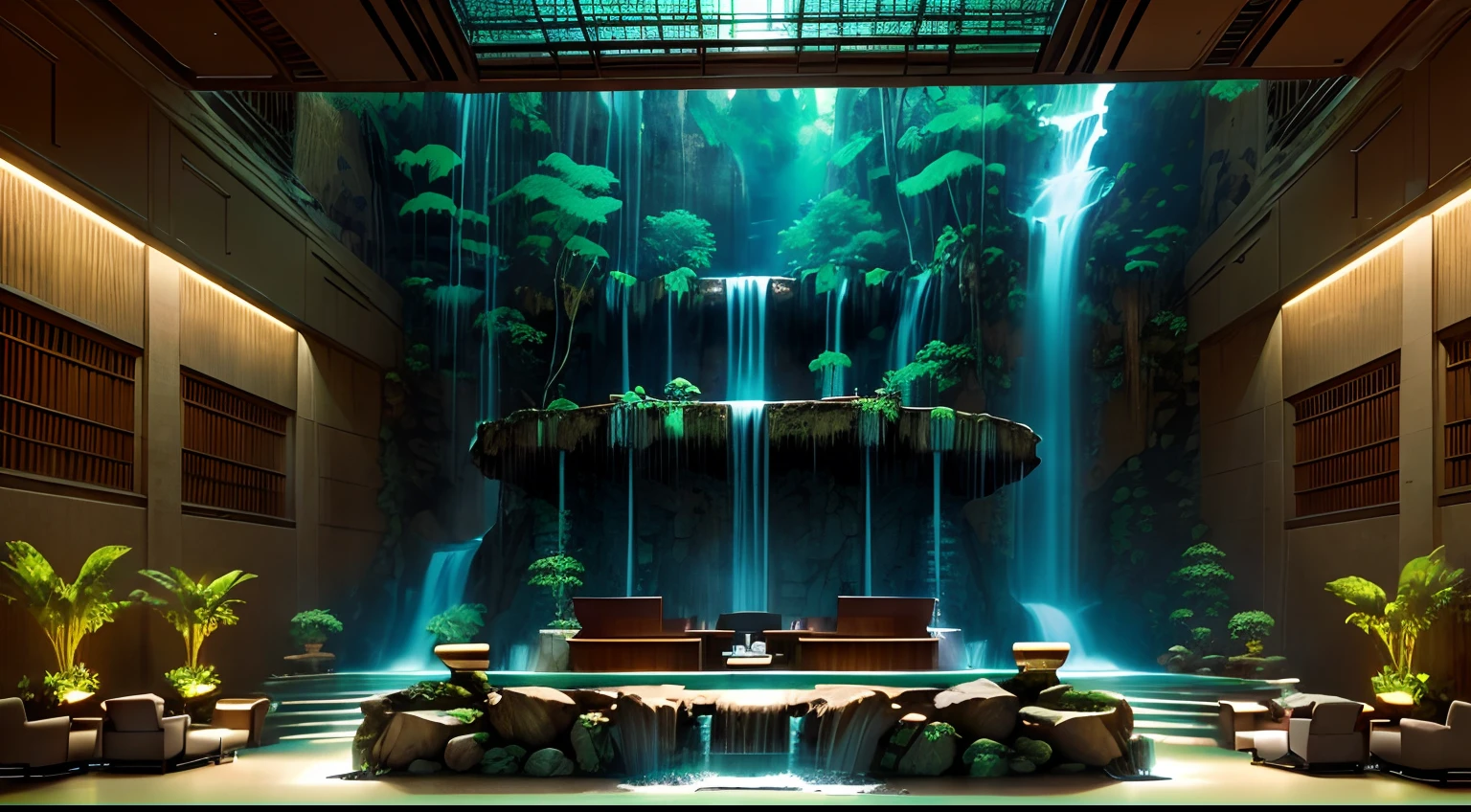 (best quality:1.0), the lobby of a gigantic corporate building, comics style, ((large reception desk with a small waterfall behind it)), reception desk, large columns, couches, elevators, vibrant, colorful