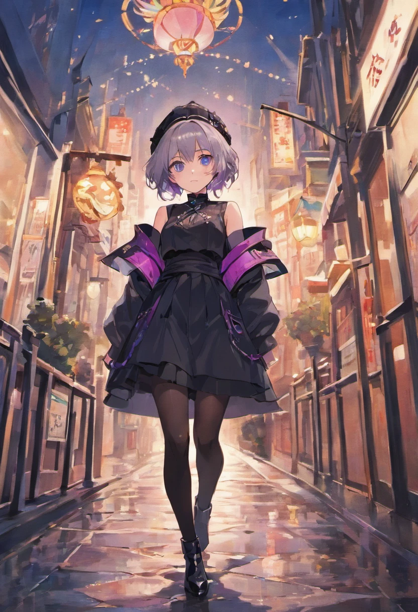 masterpiece, extremely detailed wallpaper, 8K, high resolution, off shoulder black jacket, black skirt, black boots, black beret, white uniform, purple flower on head, headband, blue eyes, A bustling city street, white short hair