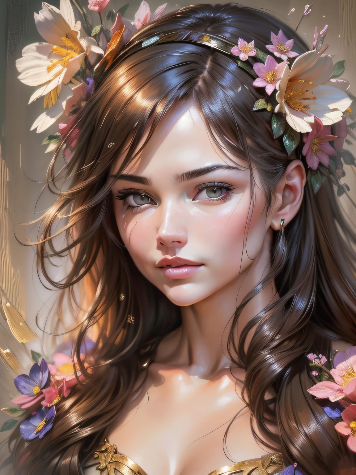 ((amazing quality, award winning, intricately detailed, ultra realistic, extremely detailed 8K)), ((oil painting by Henry Asencio)) portrait of fairy, floral headband, faded art