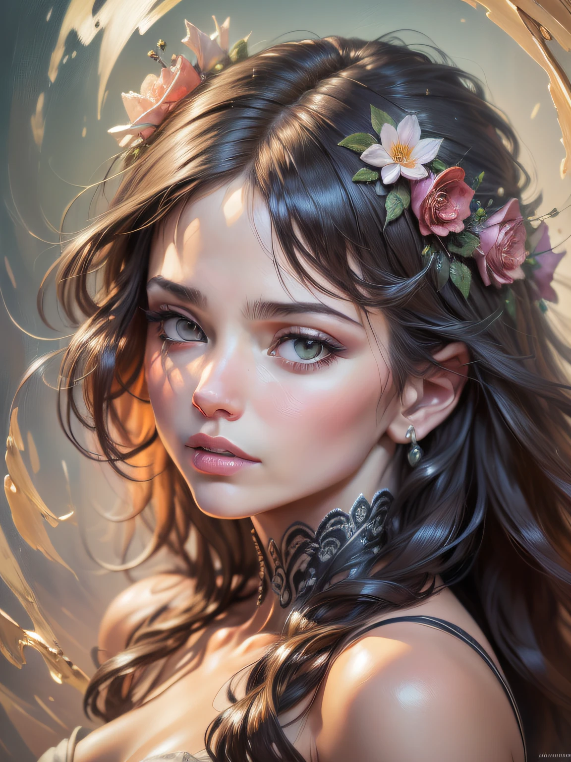 ((amazing quality, award winning, intricately detailed, ultra realistic, extremely detailed 8K)), ((oil painting by Henry Asencio)) portrait of fairy, floral headband, faded art
