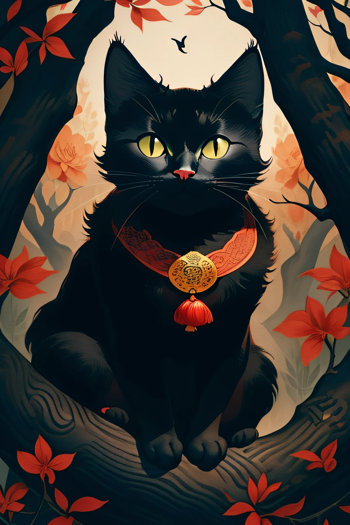 1 black cat,on trees,Blend patterns,closeup cleavage,Chinese folklore,Clean background,gouache painting