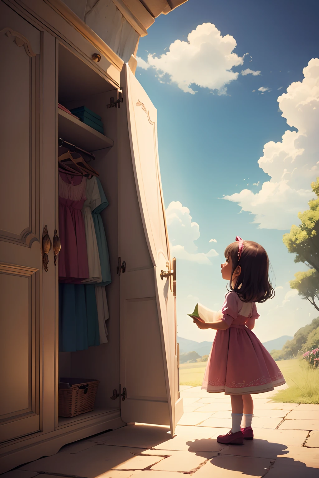 Two 7-year-old girls cartoon style for a children's book opening a magical wardrobe and meeting a fairy