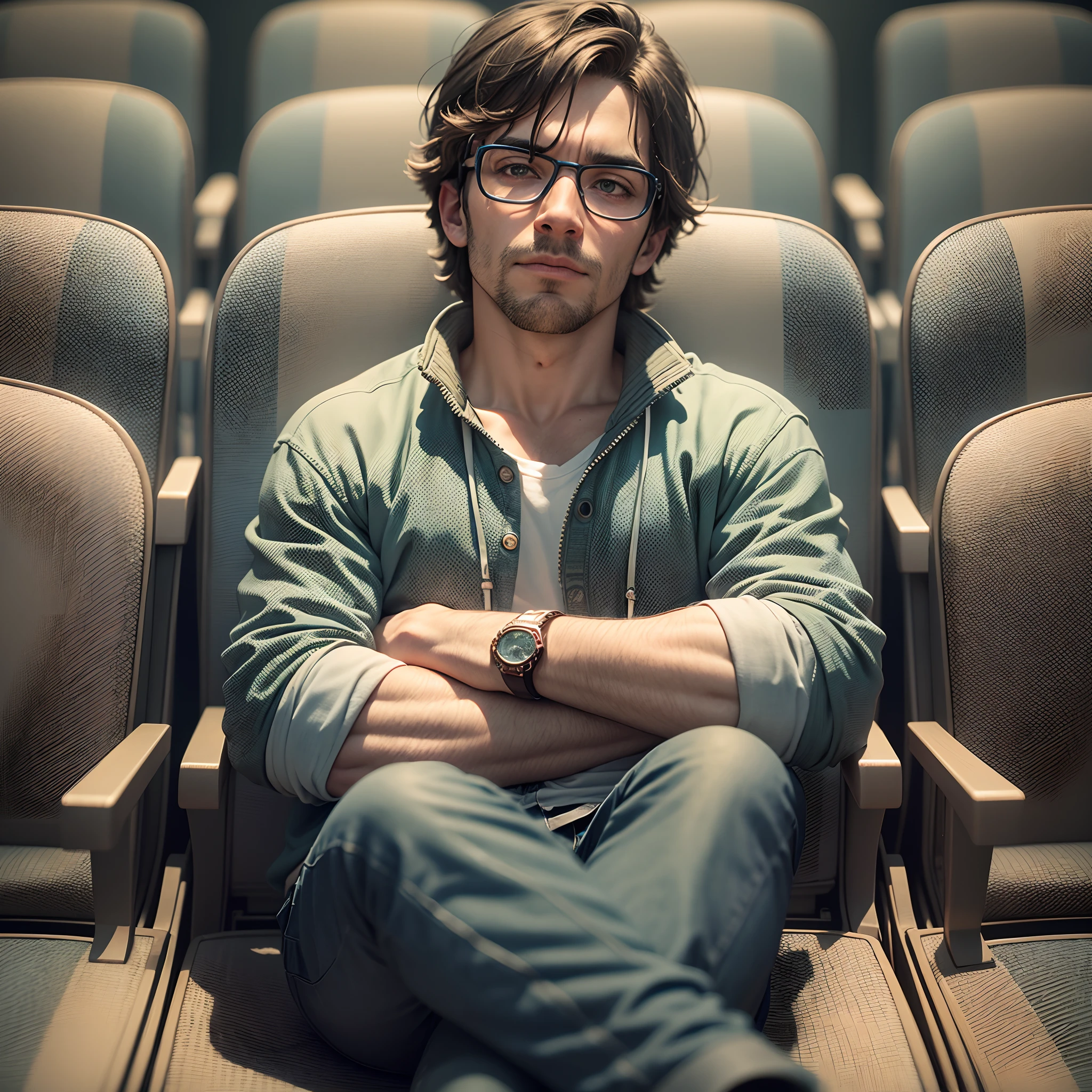 portrait of a man sitting in a cinema, with 3D glasses looking to the movie with empty chairs --auto --s2