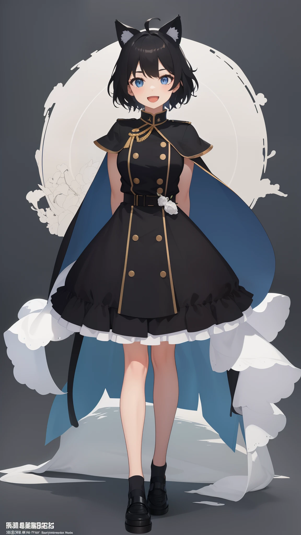 Full body,((((Upright)))), ((((Arms at sides)))), Looking at Viewer, simple background、White background, 1girl in, Open mouth, Smile, Virtual Youtuber、girl with、((Best Quality, high_resolution, Distinct_image)),(Black hair), (Black cat ears), (Ahoge), (absurdly short hair), (Wavy Hair), (Blue eyes),、A smile、Very big breasts,(wearing shoes on feet)、((concept-art))、((View Viewer))。military outfits。Wearing a cape。