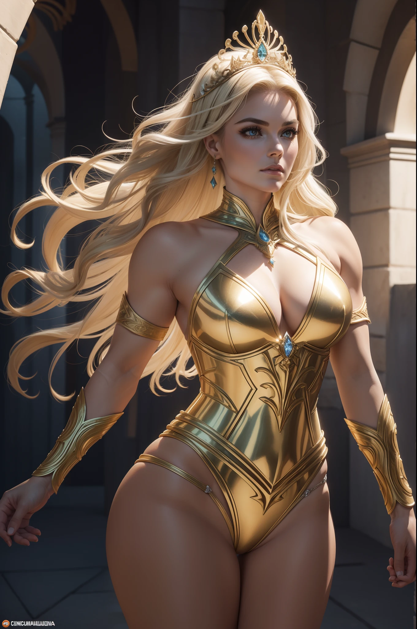 ( raios de luz solar) Lindsey Vonn como uma guerreira angelical em uma armadura de ouro brilhante, longos braceletes dourados, tiara dourada com desenho de asas na testa, roupa toda em ouro, coxas expostas, athletic curvy body, coxas grossas e torneadas, Arms with defined musculature, ombros largos, cintura equilibrada, cabelos longos ao vento, look-at-camera, Musculatura suavemente definida, perspectiva de corpo inteiro, Realismo 32K