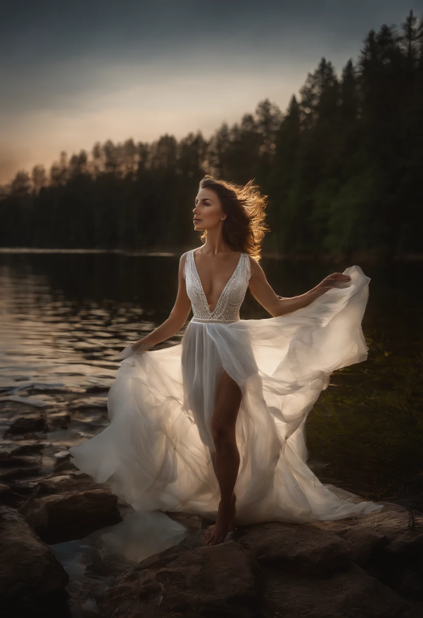 A women in a white tight silk dress standing on top of a beach next to a lake, light painting in the background, lightpainting, amazing lighting effect, light art, beautiful lighting effects, light paint, diffuse lightpainting, anamorphic flares, lightpainting luminescent, luminous fire halo, flares anamorphic, creative lighting, epic lighting effects, awesome greate composition