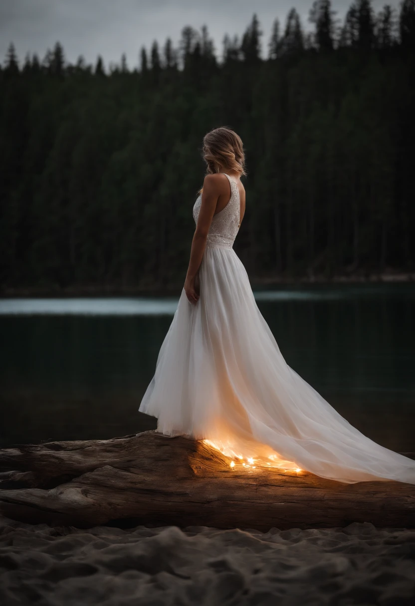 A women in a white tight silk dress standing on top of a beach next to a lake, light painting in the background, lightpainting, amazing lighting effect, light art, beautiful lighting effects, light paint, diffuse lightpainting, anamorphic flares, lightpainting luminescent, luminous fire halo, flares anamorphic, creative lighting, epic lighting effects, awesome greate composition