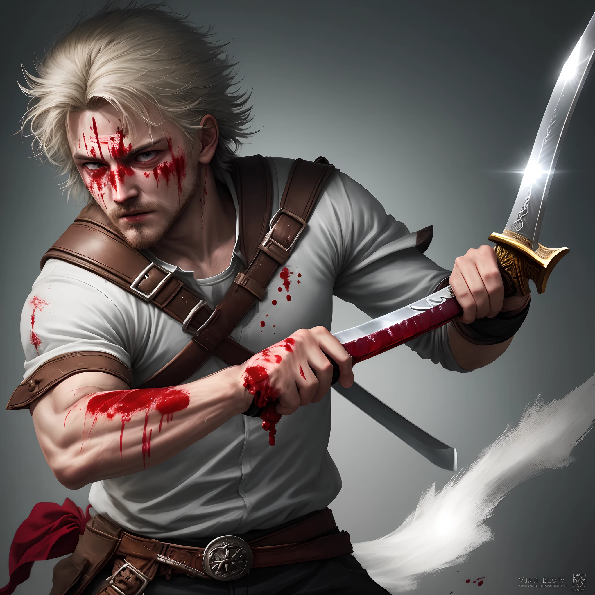 Logo of a bloodied hand wielding a sword
