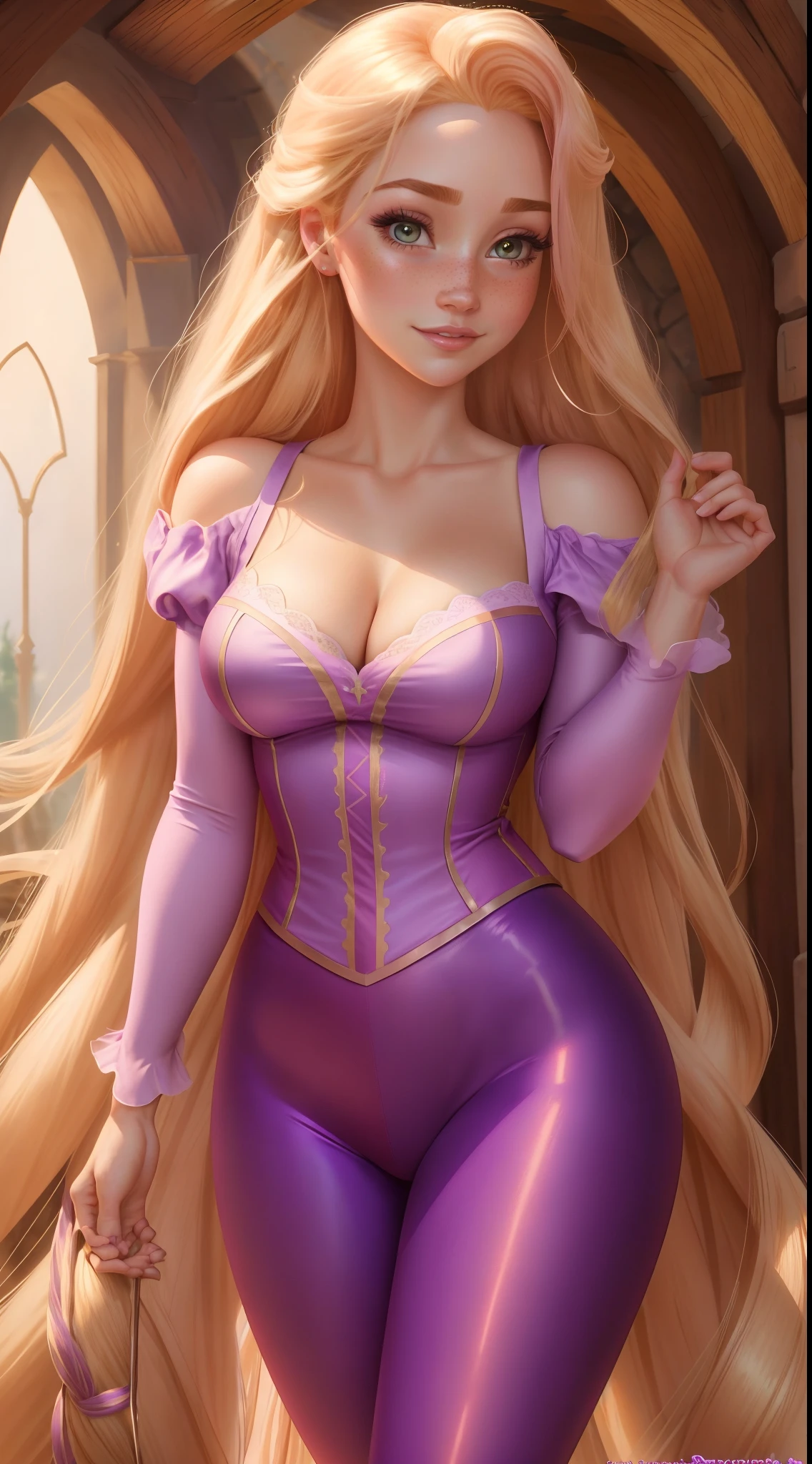 (RapunzelWaifu: 1.2), masterpiece, perfect lighting, cinematic lighting, adult, rapunzel, freckles, blush, solo, purple leggings, pink blonde, very long hair, more definition, cleavage, seductive