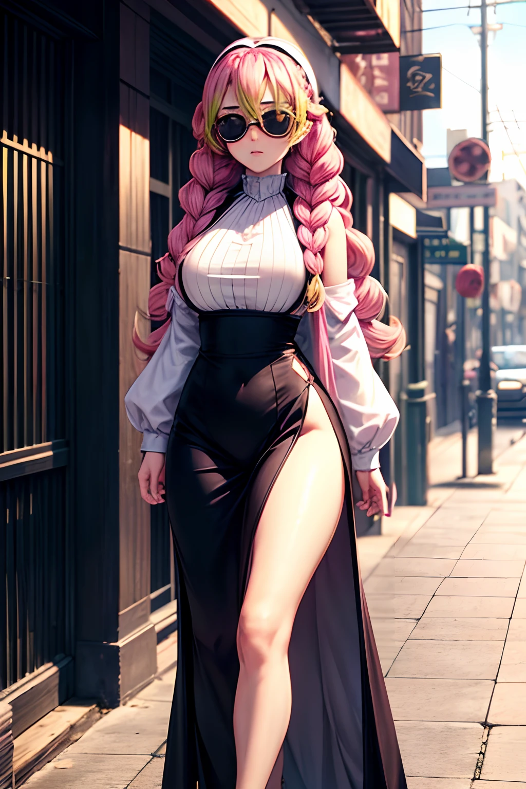 1 girl, long pink-green, white headband, medium breasts, big hips, beautiful legs, perfectly detailed, she wears black evening dress with a hip-high slit showing Leg ,black sun glasses, she is a shy girl, she walks down the street