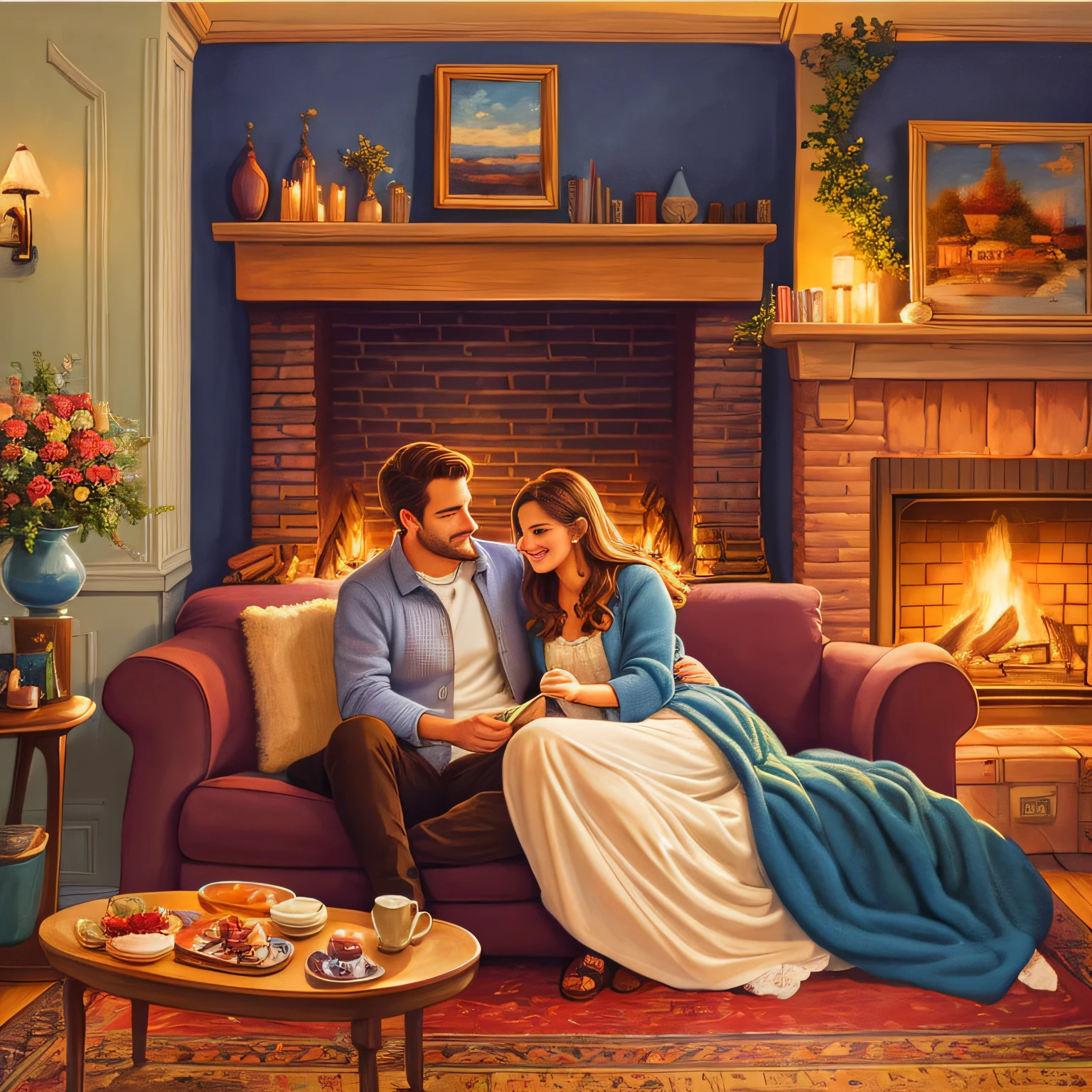 painting of a couple sitting on a couch in front of a fireplace, romantic painting, cozy home background, romantic couple, full color illustration, cozy wallpaper, warm beautiful scene, warm cosy colors, full color digital illustration, by Rob Alexander, cozy living room background, by Joe Mangrum, colorful illustration, a beautiful artwork illustration, cozy place, by Scott Gustafson