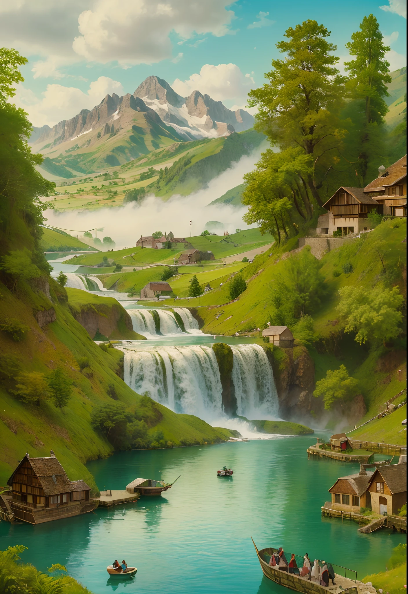 Renaissance oil painting, Knights, mountains, waterfalls, forests, white clouds, lakes, Village, 8K, fine details, high definition --auto --s2