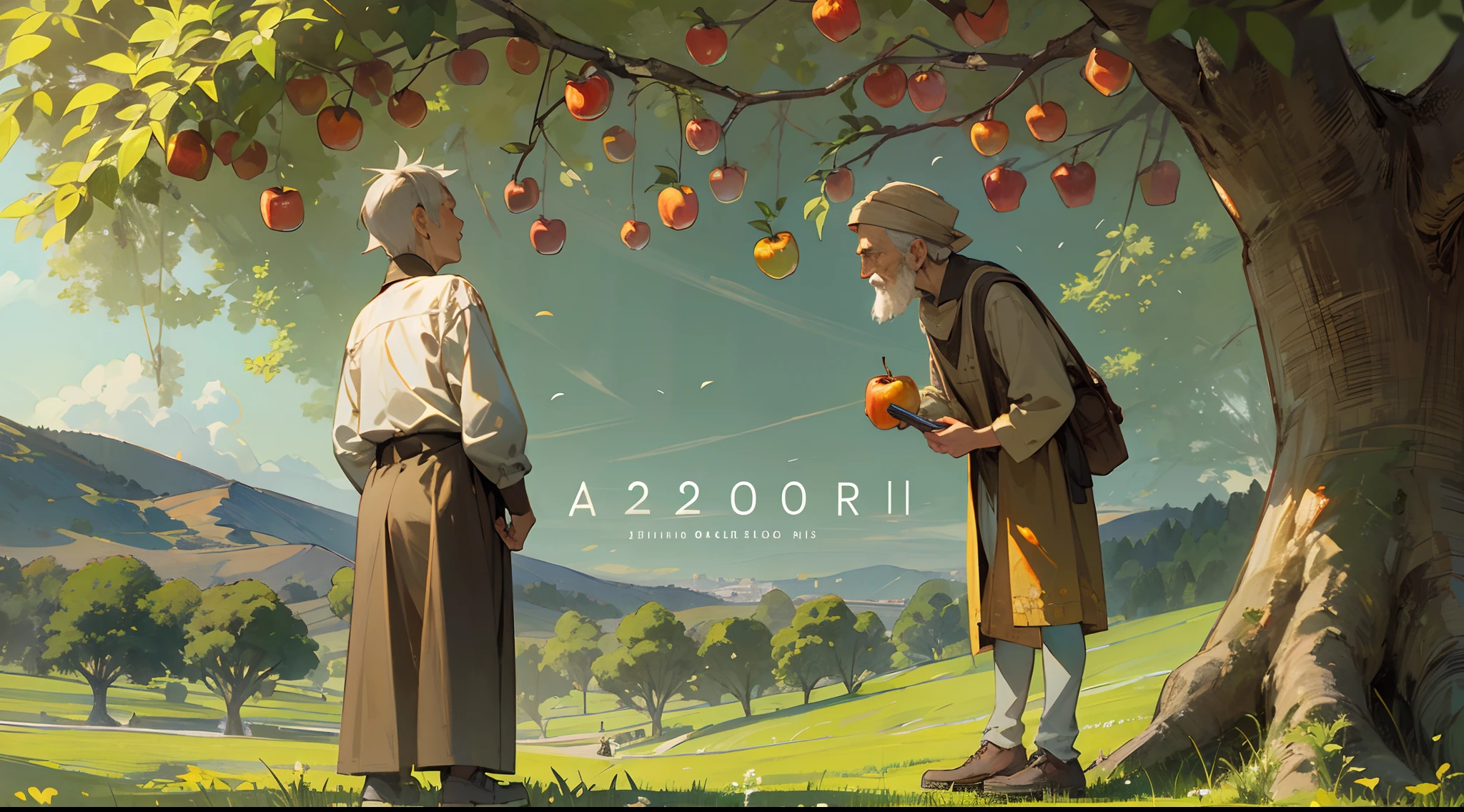 An old wise man and a 20 years young boy standing under a apple tree discussing with others with a natural view