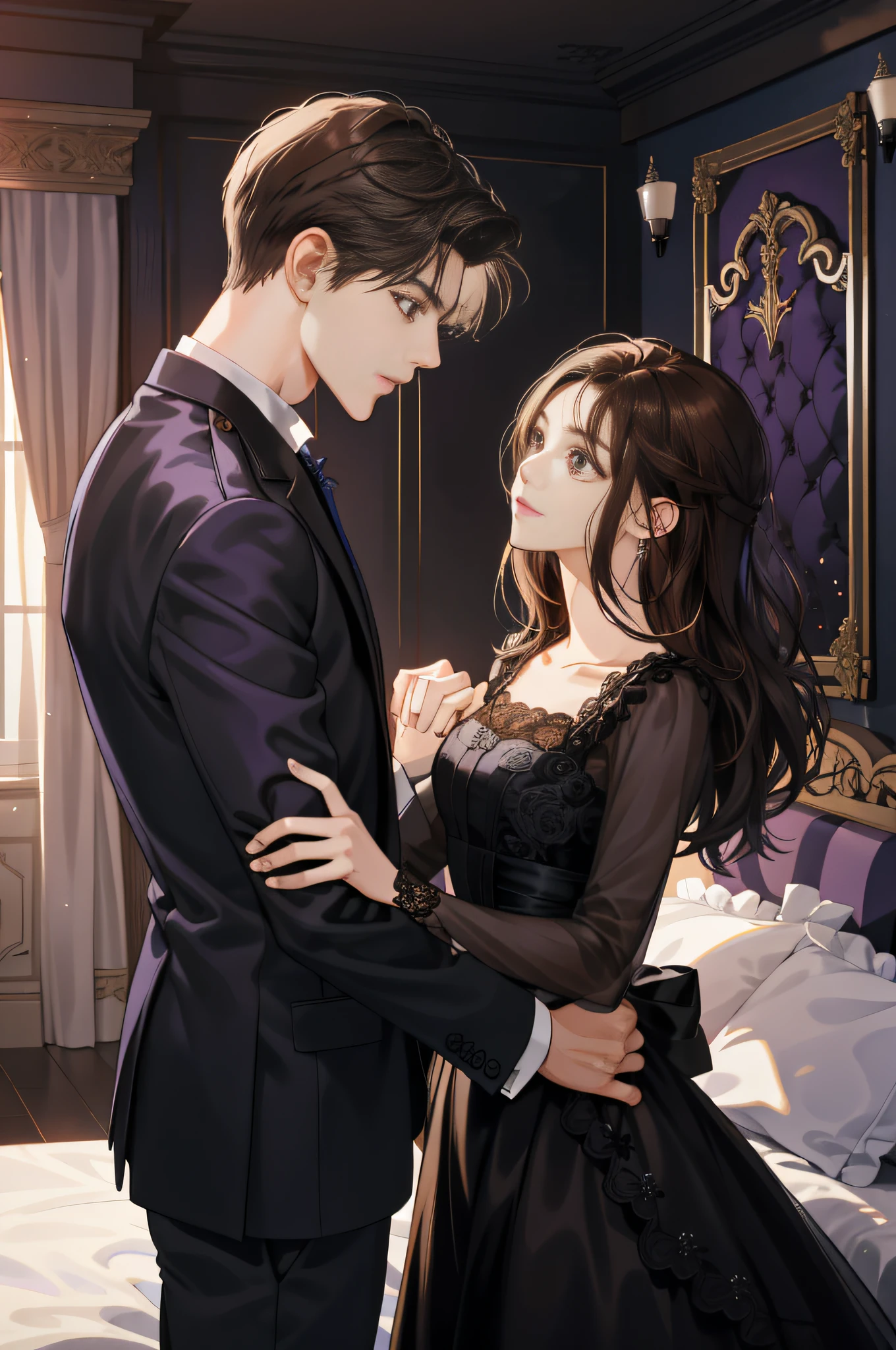 couple, 1 Girl 1 Boy, Face to face closure，Tease each other，Height difference，The boy was melancholy，The girl is timid，different hair color, Long black hair and brown eyes, Short light brown hair and gray eyes, Romance, Black Suite, Purple dress, United Kingdom, Luxury room background, Face to face, Romantic