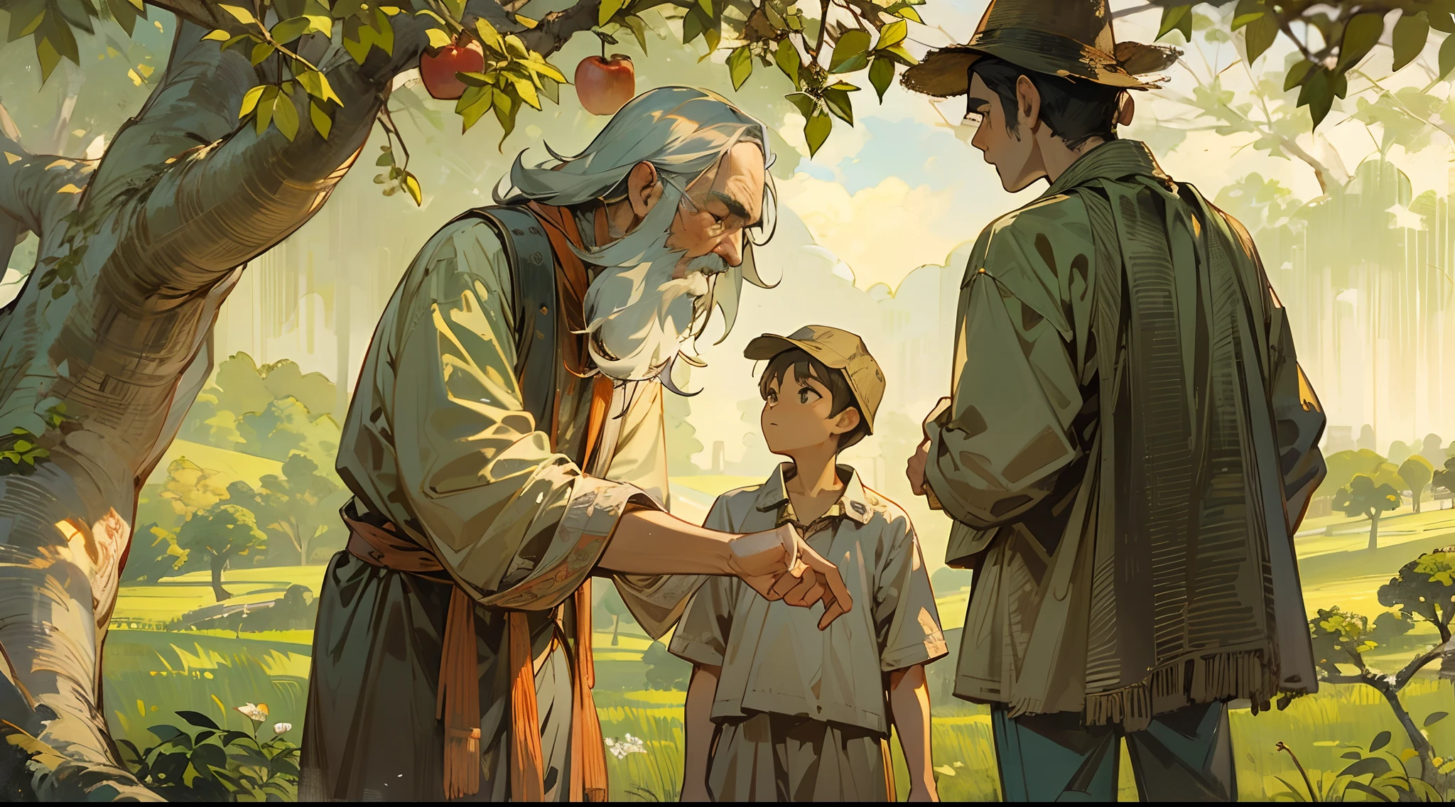 An old wise man and a 20 years young boy standing under a apple tree discussing with others with a natural view