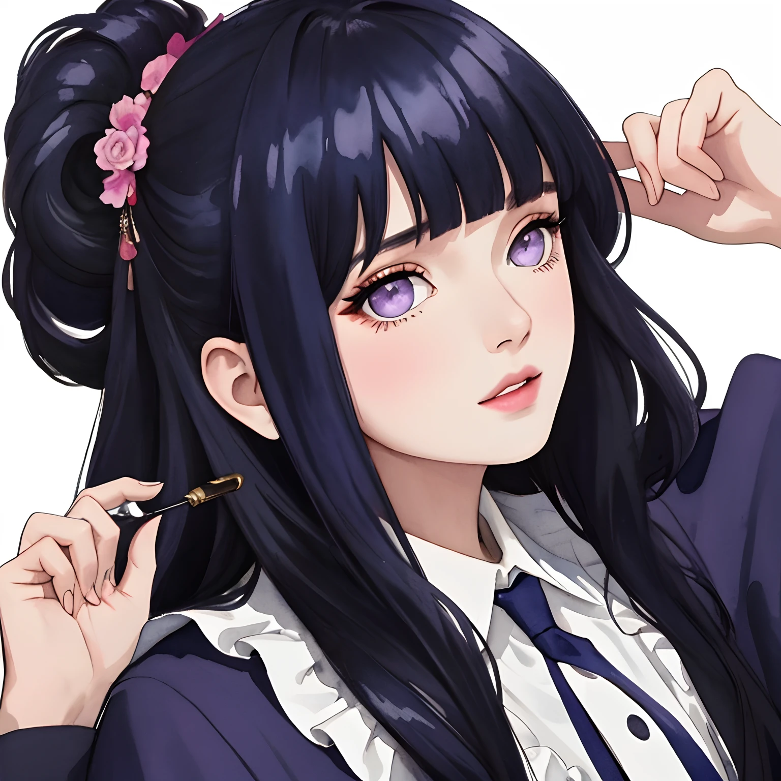 Need,[(White background:1.4)::5],(masterpiece),(best quality:1.1),(ultra-detailed),best illustration,finely detail,(portrait:1.1),( intense close-up),beautiful face,(watercolor drawings),1girl,solo,A girl with dark blue hair,Tie hai,Sweet cool,cheongsam clothing,black and pink,（Colored lens sunglasses），bamboo,looking at the audience,whole colored background,very elegant,opulent, detail,clear,4K,Blunt Bangs, purple eyes, long curly hair