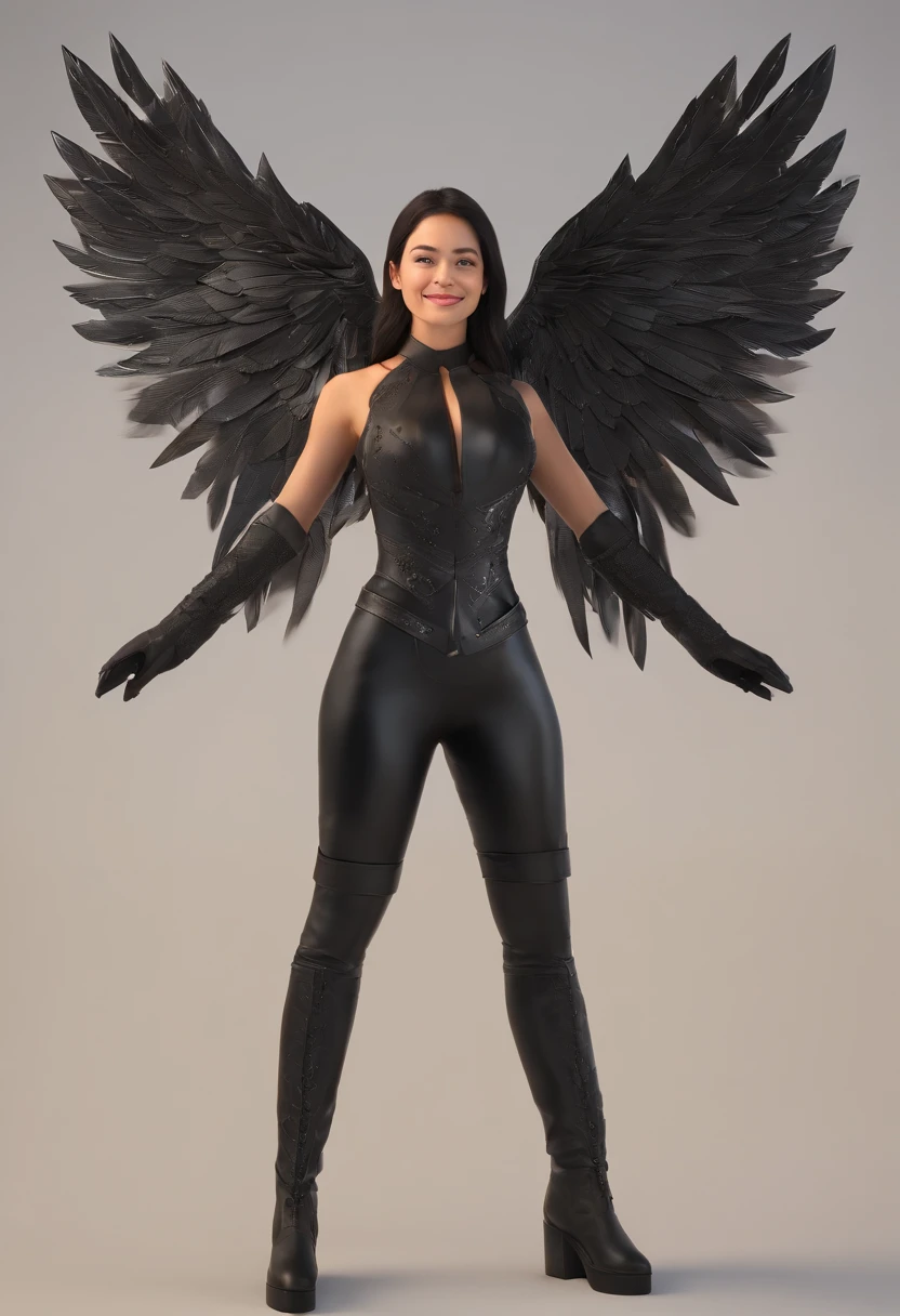 Smiling woman with black wings, black clothes, medieval times, reflected light, white and black light