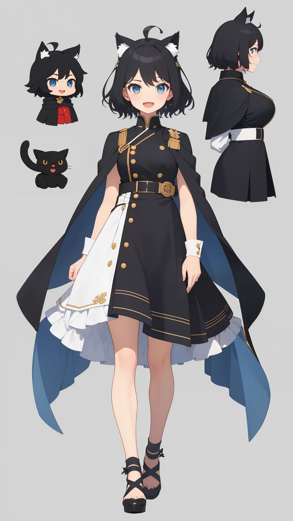 Full body,((((Upright)))), ((((Arms at sides)))), Looking at Viewer, simple background、White background, 1girl in, Open mouth, Smile, Virtual Youtuber、girl with、((Best Quality, high_resolution, Distinct_image)),(Black hair), (Black cat ears), (Ahoge), (absurdly short hair), (Wavy Hair), (Blue eyes),、A smile、Very big breasts,(wearing shoes on feet)、((concept-art))、((View Viewer))。military outfits。Wearing a cape。