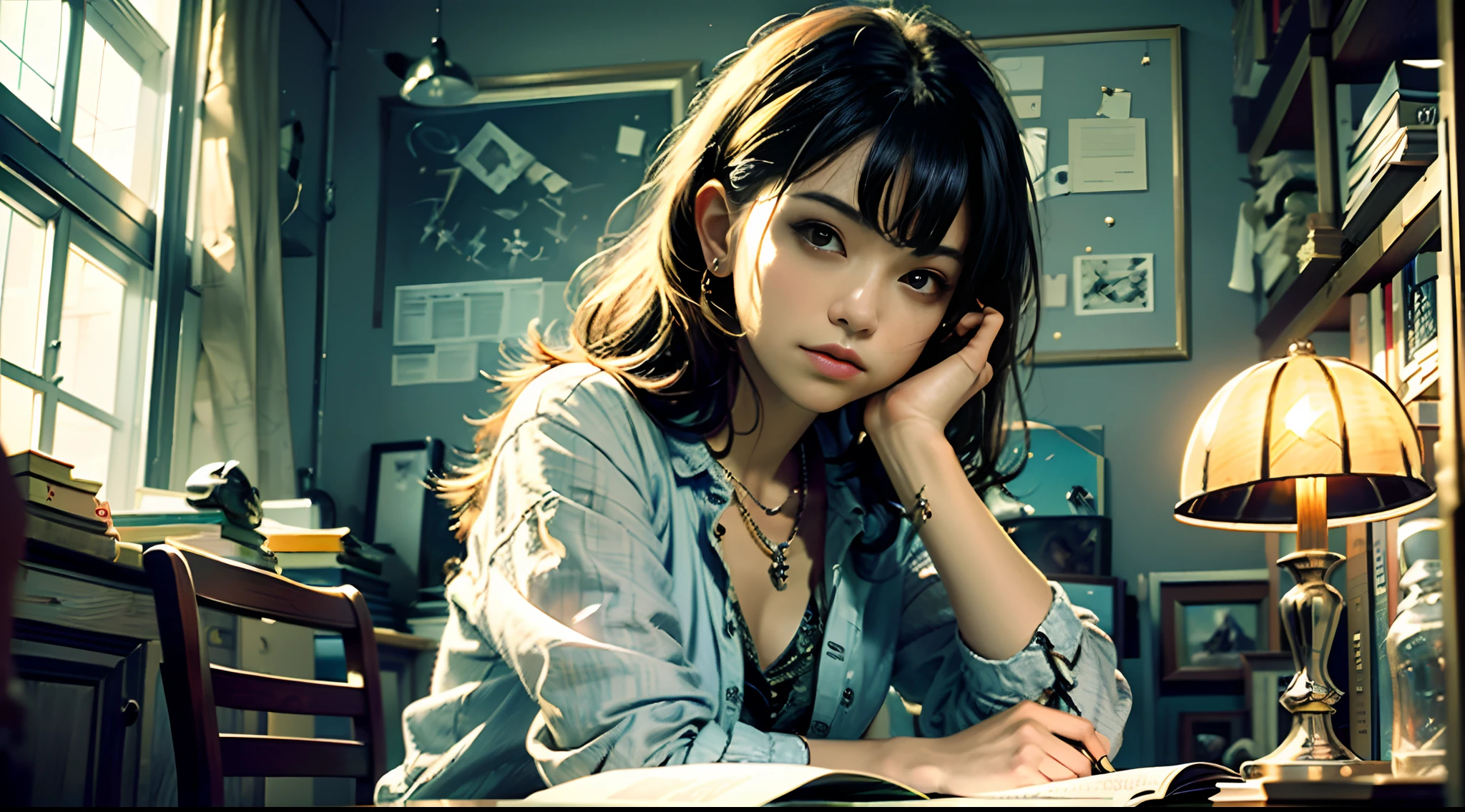 ((Masterpiece, Best Quality)) 1 woman, third perspective, dark eyes, casual clothes, bedroom, homework, evening, dimly lit