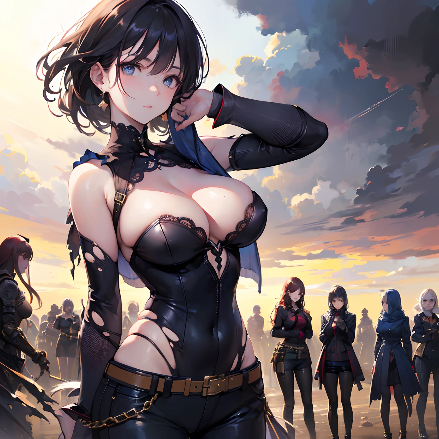 ((Masterpiece)), ((5girls, mutiple girls, multiple people, group)), best quality, cowboy shot, good anatomy, good anatomy, (detailed face), outside, (((apocalypse))), warm lighting, ((realistic faces)), realistic anatomy, standing, day, summer, sexy, sunlight, cleavage, milf, mature woman, torn clothes