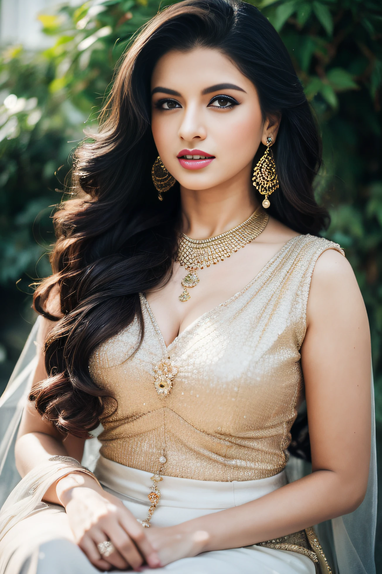 portrait of A confident-looking smiling indian woman princess with long flowing hair, hazel eyes, wearing designer jewellery, designer dress, c-cup breast sitting on royal garden, palace background, bokeh perfect composition, hyperrealistic, super detailed, 8k, high quality, trending art, trending on artstation, sharp focus, photo shoot, intricate details, highly detailed, art by greg rutkowski