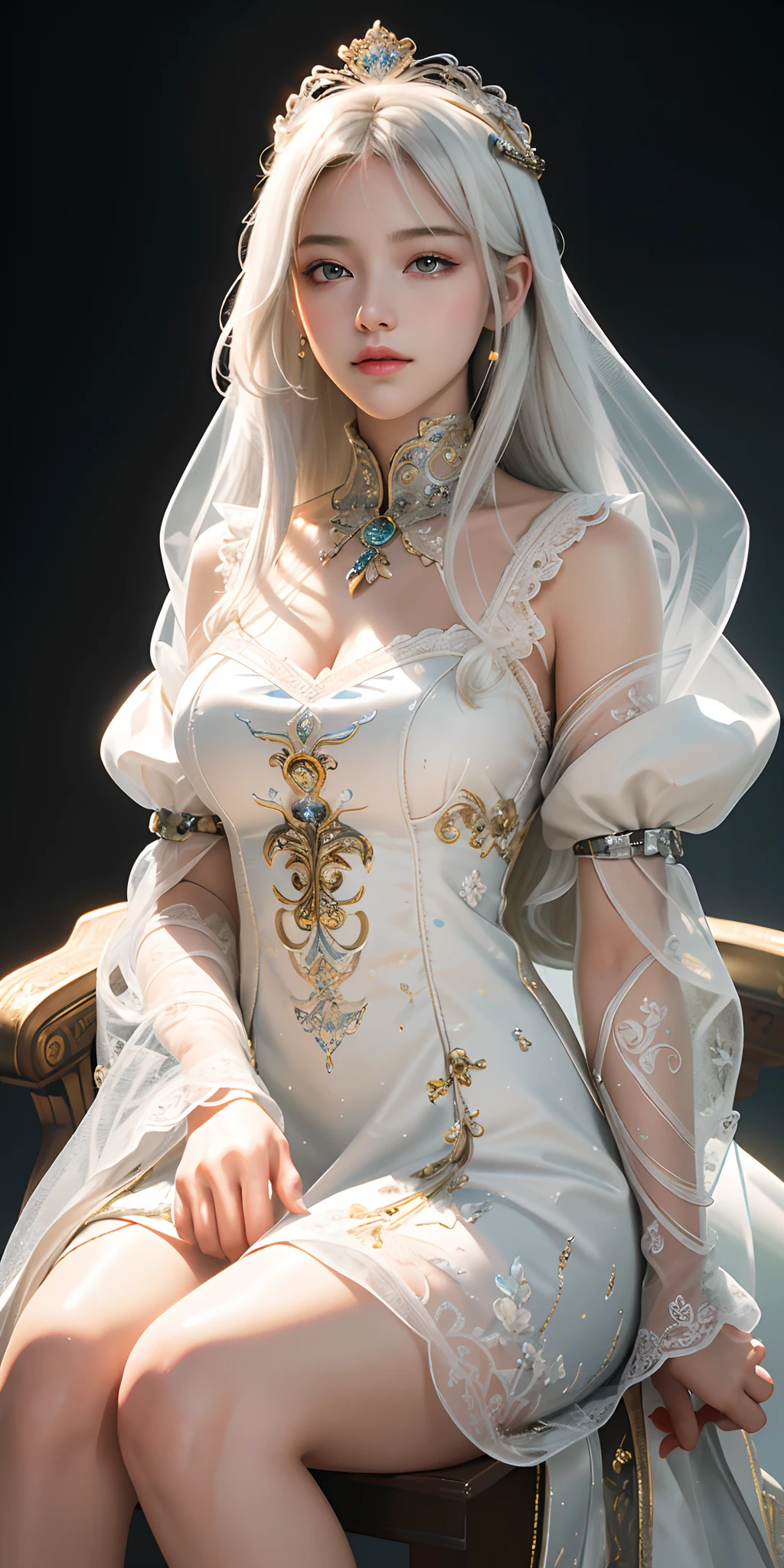 (masterpiece, top quality, best quality, official art, enchanting and aesthetic:1.2), 1female, white silver hair, royal braided hair, violet eyes, white dress, jewelry, high quality details, 4k eyes