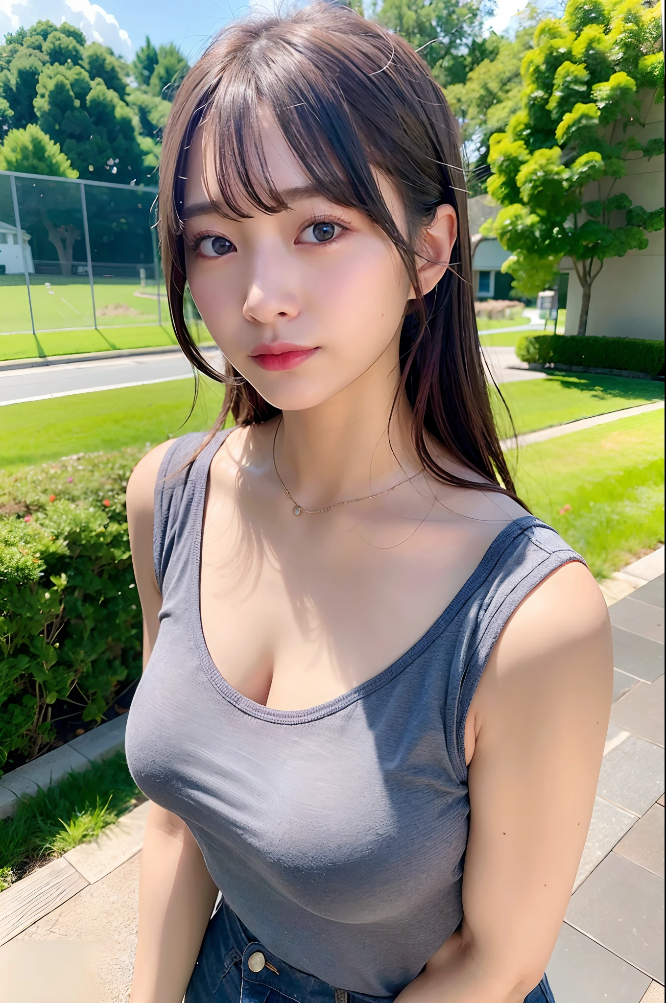 top-quality、超A high resolution、(Photorealsitic:1.4)、女の子1人、(faded ash gray hair:1)、(huge-breasted:1.2)、looking at viewert、a closeup、Gray tight camisole