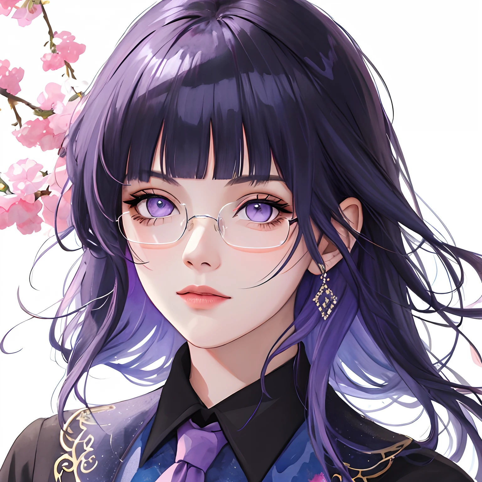 Need,[(White background:1.4)::5],(masterpiece),(best quality:1.1),(ultra-detailed),best illustration,finely detail,(portrait:1.1),( intense close-up),beautiful face,(watercolor drawings),1girl,solo,A girl with dark blue hair,Tie hai,Sweet cool,cheongsam clothing,black and pink,（Colored lens sunglasses），bamboo,looking at the audience,whole colored background,very elegant,opulent, detail,clear,4K,Blunt Bangs, purple eyes, long curly hair