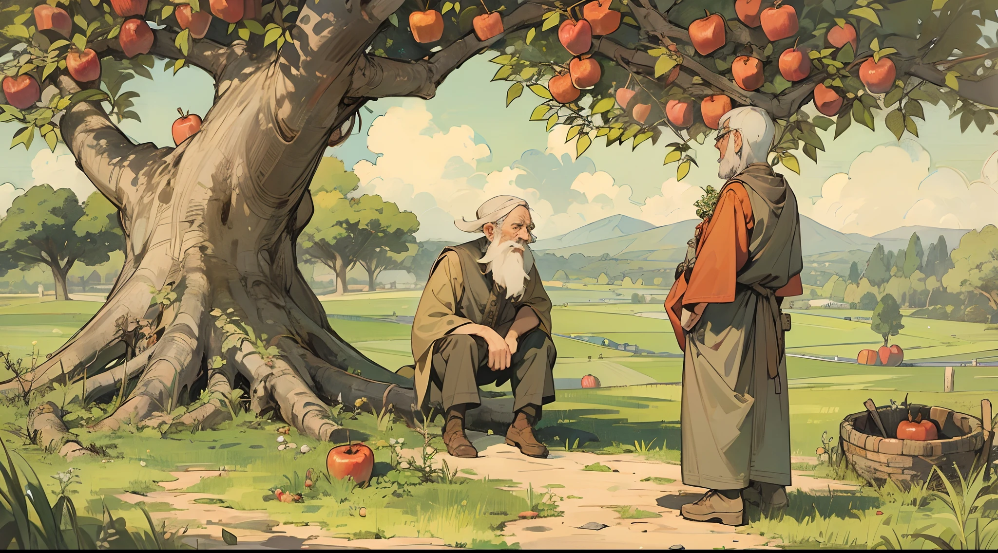 An old wise man and a 20 years young boy standing under a apple tree discussing with others with a natural view