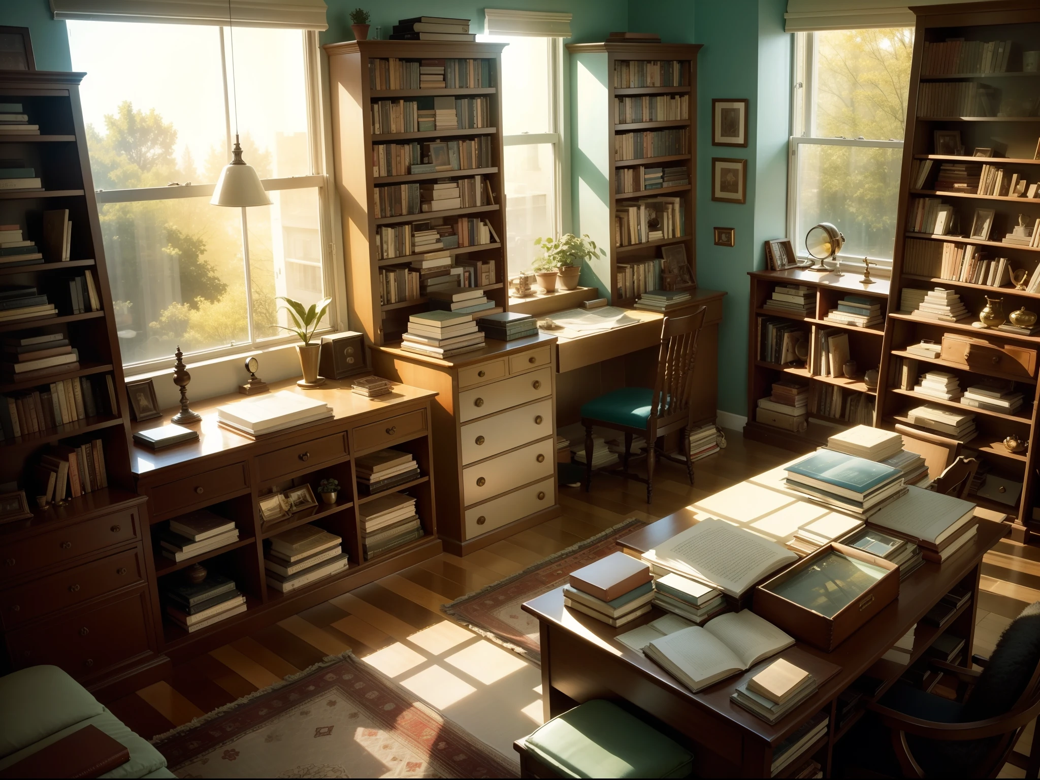 Room, A lot of tape recorder, Glass windows, sunshine, Retro, Beautiful room, high detail, tmasterpiece, Bookshelf, Lots of books, Beautiful books,