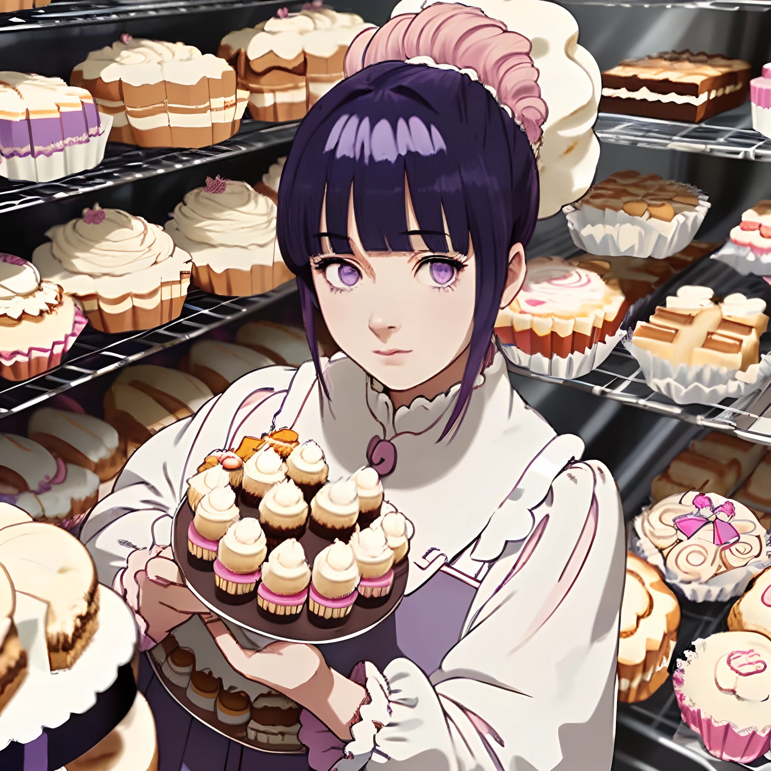 Low angle, ultra-realistic, A woman, surrounded by (many cream cakes:1.5) wearing a pink vinyl outfit , bakery,Blunt Bangs, purple eyes, dark blue hair, ponytail