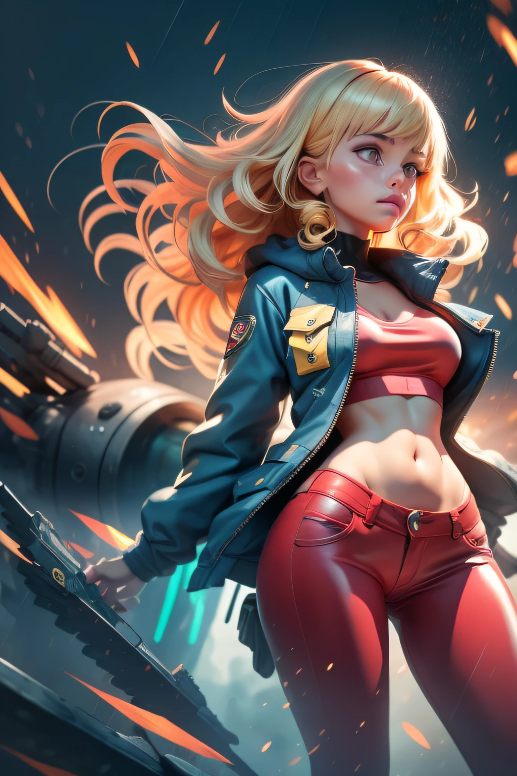 Vibrant colors、((​masterpiece)))、(((top-quality)))、((ultra-detailliert))、(A hyper-realistic)、(highly detailed CGillustration）、Official art、CD cover、 art district、It will be、Mid summer、Stylish、glorious 1980s、Cool Beauty、Cochetti Gojo Beautiful woman without a watch、multicolored hair、Rock 'n' Roller、red leather jackets、tight female solo、Perfect Angle、perfect-composition