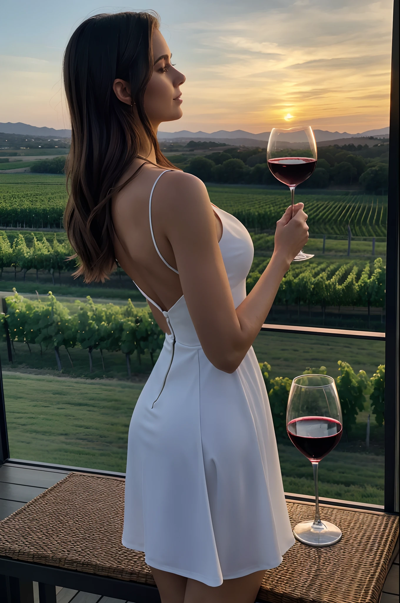 back view, woman in vogue style cocktail dress holding a glass of wine overlooking a vineyard at sunset, wine, she holds a glass of wine, bottom angle, back view, enjoying a glass of wine, stunning view, exclusive, fashionable cocktail dress, gorgeous view, holding glass of wine, masterpiece work of art, holding a glass of wine, at the sunset, drinking wine