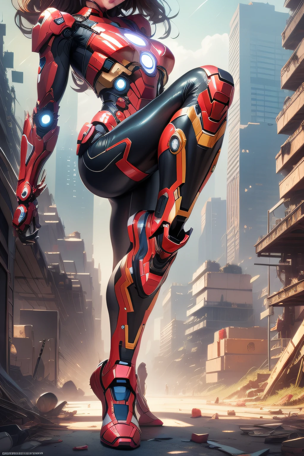 (1girl: 1.3), solo, __body-parts__, official art, unity 8k wallpaper, ultra detailed, beautiful and aesthetic, beautiful, masterpiece, best quality, RAW, masterpiece, super thin photo, best quality, super high resolution, photorealistic, sunlight, full body portrait, incredibly beautiful,, dynamic pose, delicate face, vibrant eyes, (side view), she is wearing a futuristic Iron Man mech, red and gold, Highly detailed abandoned warehouse background, detailed face, complex background detailed busy, messy, gorgeous, milky, highly detailed skin, realistic skin details, visible pores, sharp focus, volumetric mist, 8k uhd, DSLR camera, high quality, film grain, light skin, photorealism, lomography, expanding metropolis in a futuristic dystopia, view from below, translucent