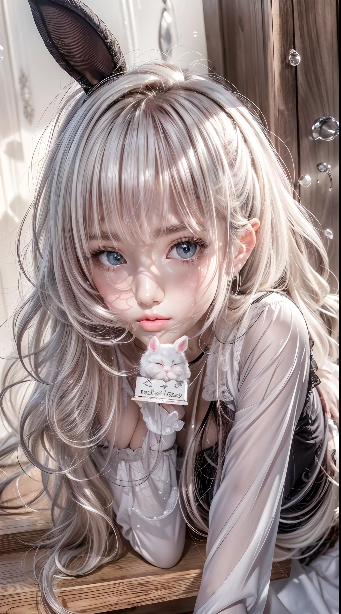 (Best quality,16k wallpaper,high resolution:1.2),Red to silver hair, wavy and long hair, Shiny hair color, Perfectly detailed face, full pouty lips, watery big eyes, Vertical pupils, reflective light, Woman with rabbit ears, Black and white shirt, Lazily lying in a solid wooden box, Soft lighting, full body shot of