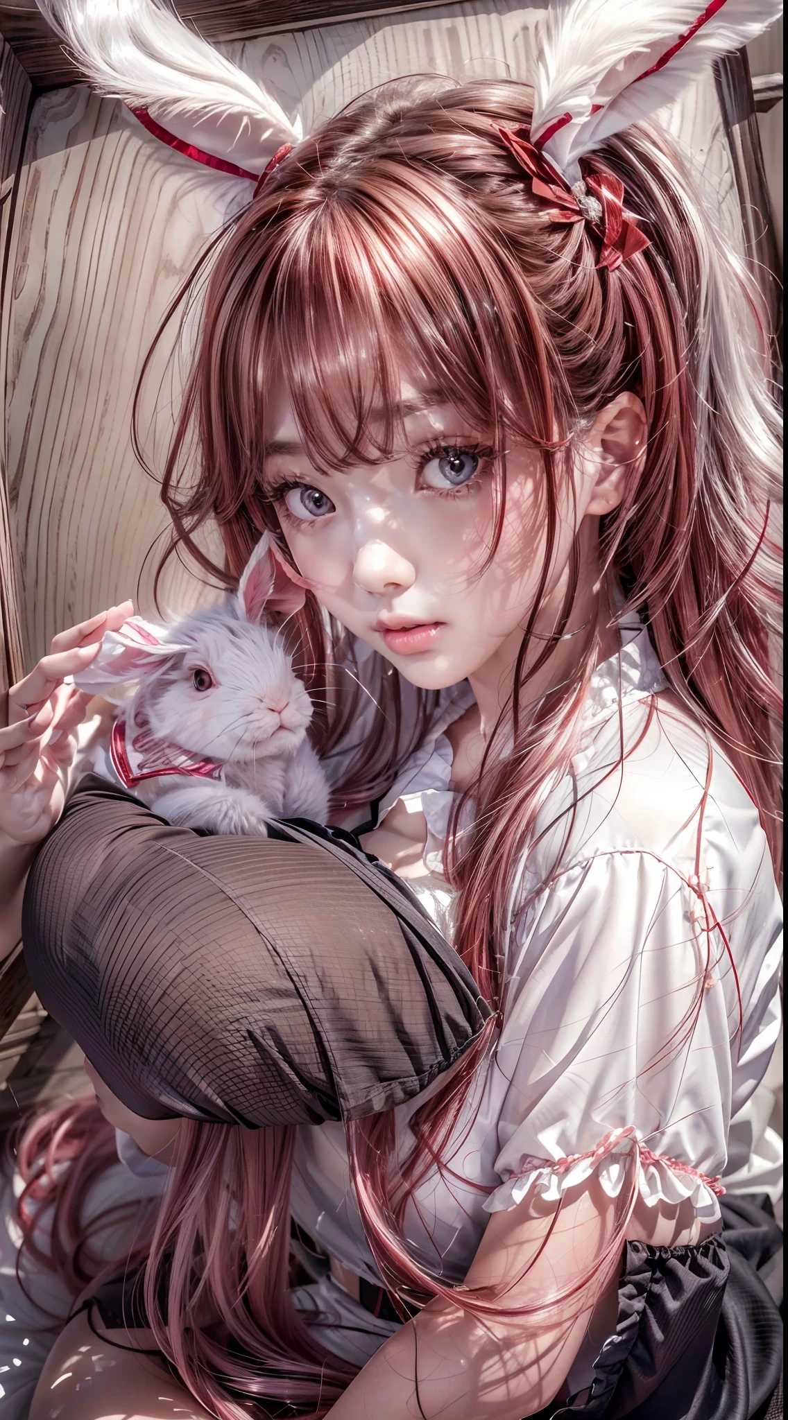 (Best quality,16k wallpaper,high resolution:1.2),Red to silver hair, wavy and long hair, Shiny hair color, Perfectly detailed face, full pouty lips, watery big eyes, Vertical pupils, reflective light, Woman with rabbit ears, Black and white shirt, Lazily lying in a solid wooden box, Soft lighting, full body shot of