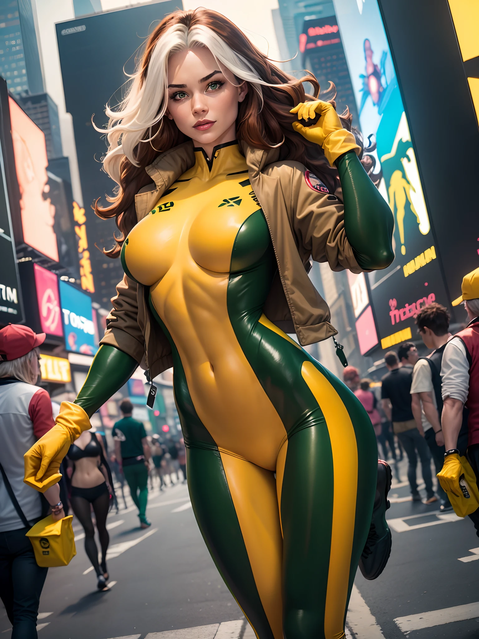 (new york: 1.3), (time square), (master piece, best quality: 1.2), Classic Rogue, 1 girl, Only, long hair, breasts, smile, big breasts, brown hair, green eyes, jacket, big hair , white hair, multicolored hair, parted lips, open clothes, shoulder blades, two-tone hair, open jacket, outlined lips, green and yellow bodysuit, covered navel, makeup, muscular, headband, tight skin, multicolored clothes, muscular female , dyed fringe, multicolored bodysuit, green bodysuit, yellow bodysuit , Looking at the Viewer, (average breasts: 1.3), (hanging breasts: 1.3), (full breasts: 1.3), (realism: 1.5), (Realisitc: 1.4) , (Absurdity:1.4), 8k, ultra-detailed, Detailed Beautiful Woman, (only:1.4) , 1girl, (Viewer facing:1.2),