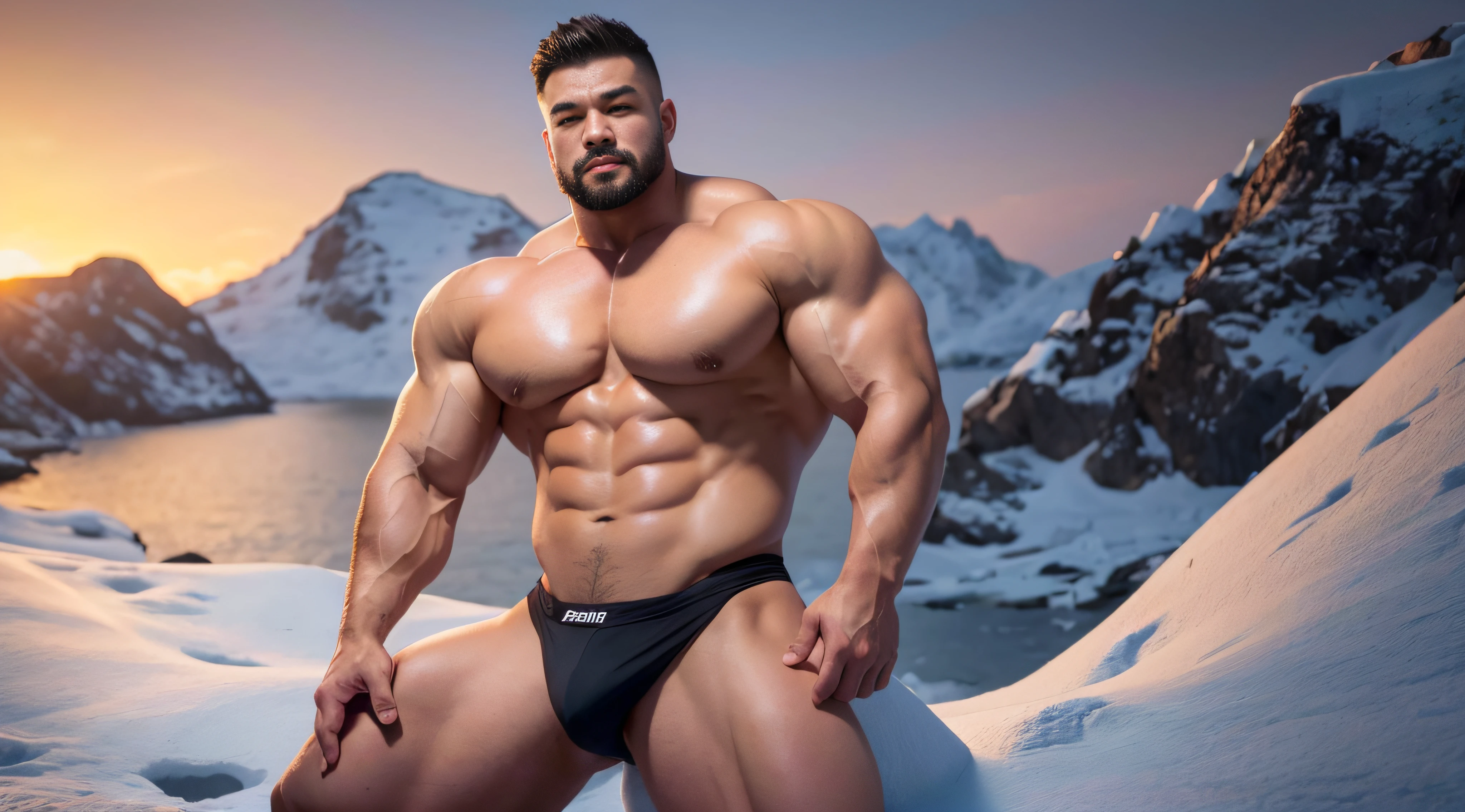 A Chinese bodybuilder， on，the super hot and sexy，Blonde hair, short detailed hair, on a snowy mountain，Sunset lights, Short beard perfect figure with tattoos, Very huge and strong body, Bulging muscles, musculous, Very large pectoral muscles，Very sexy abs，The legs are muscular，Tall and mighty，Exposed Body，Tall and burly，toned figure，Huge raised genital area，Brightens oily skin，Muscular。