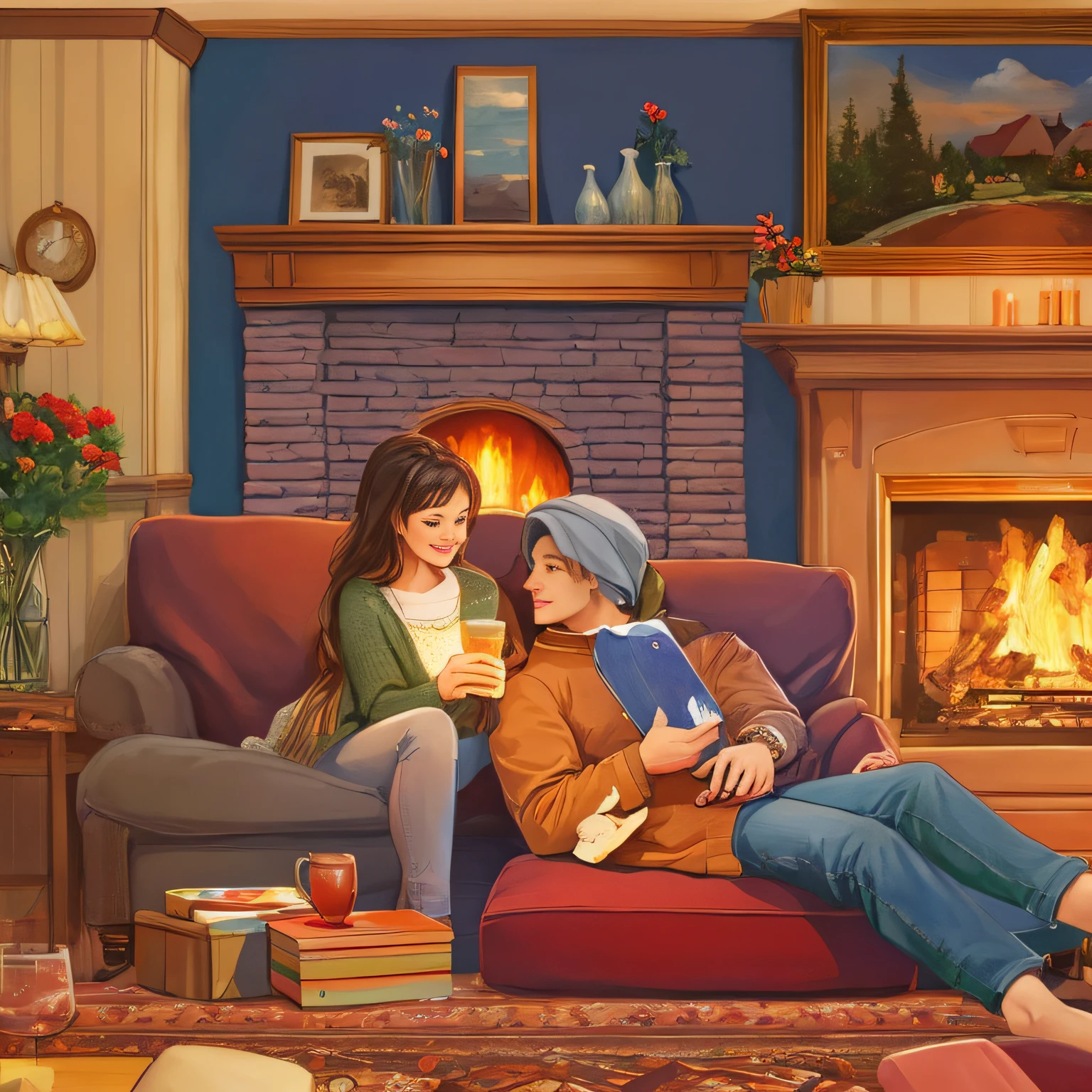 painting of a couple sitting on a couch in front of a fireplace, romantic painting, cozy home background, romantic couple, full color illustration, cozy wallpaper, warm beautiful scene, warm cosy colors, full color digital illustration, by Rob Alexander, cozy living room background, by Joe Mangrum, colorful illustration, a beautiful artwork illustration, cozy place, by Scott Gustafson